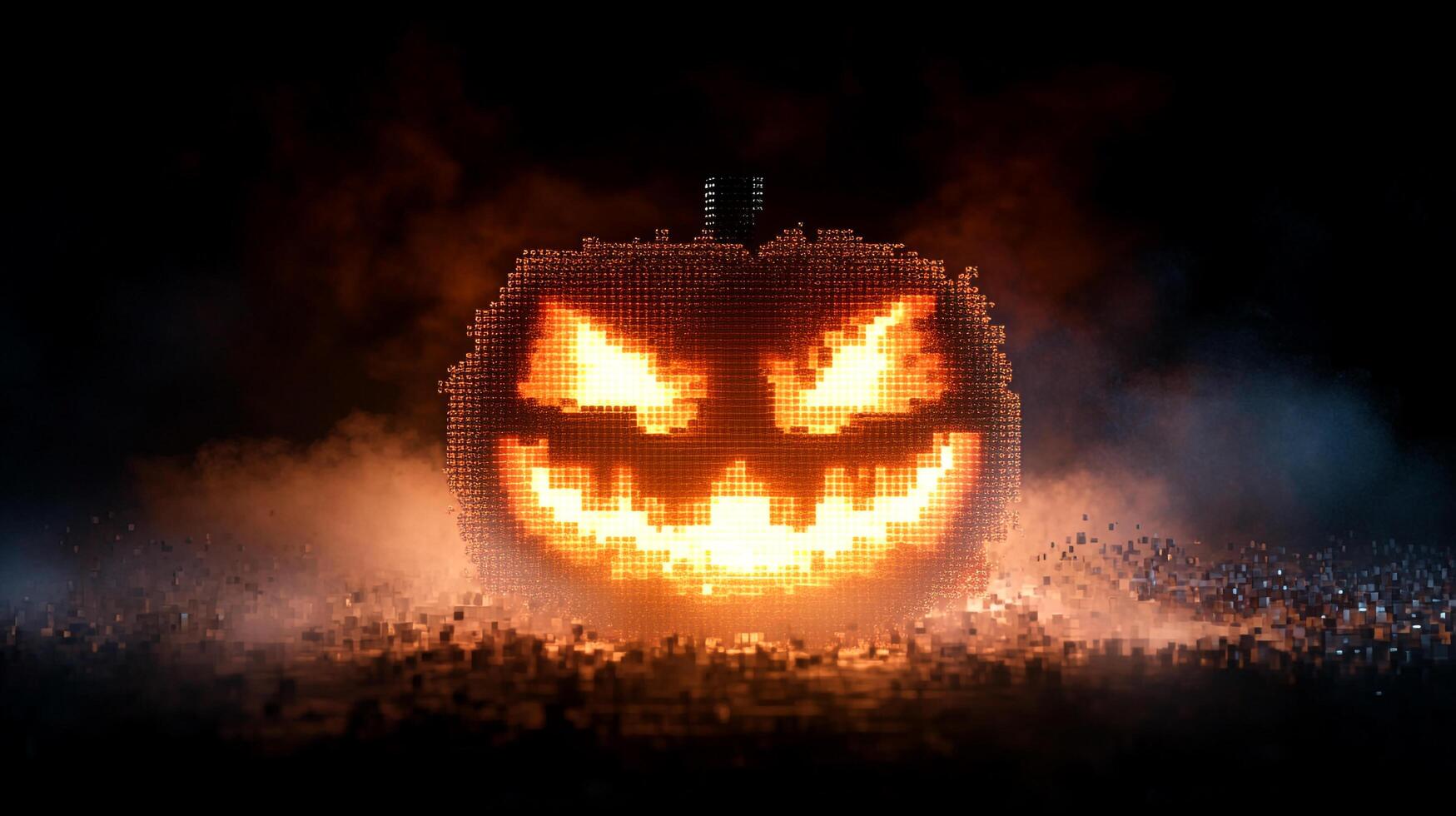 Pixelated pumpkin glowing ominously. Dark setting, evokes Halloween spirit. Digital art with a spooky twist. Eerie, voxelated jack-o'-lantern. photo