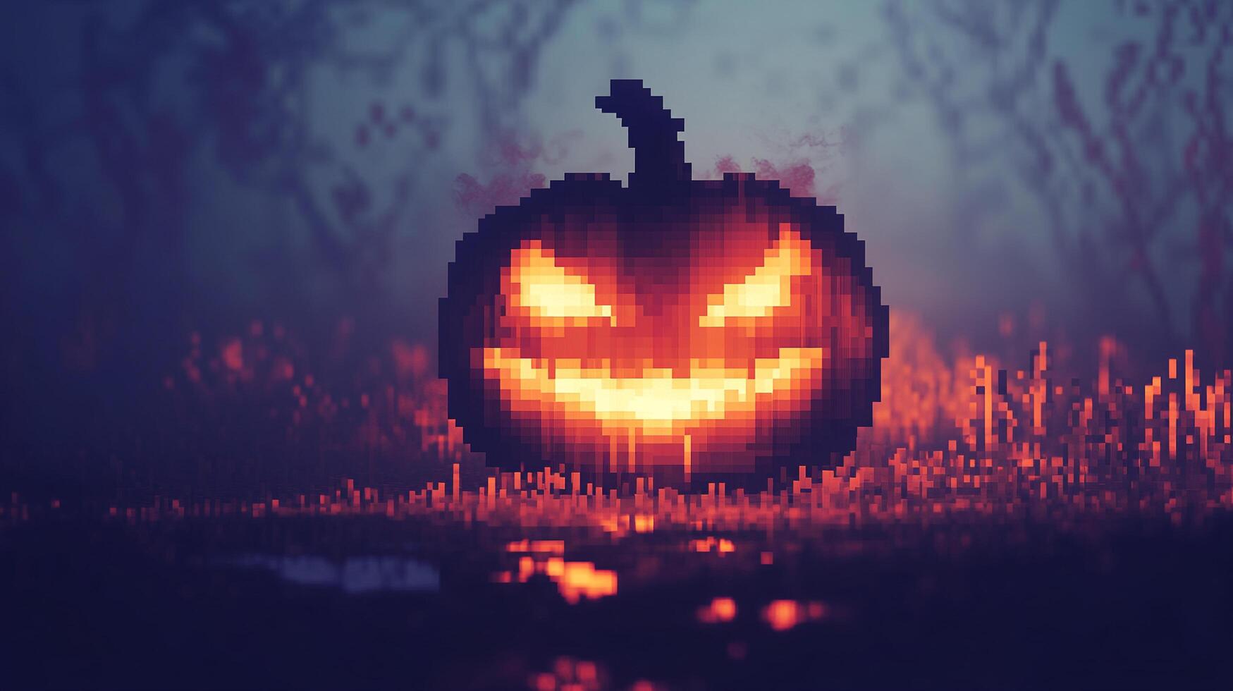 Pixelated Jack-o'-lantern glowing in the darkness, a spooky digital treat for Halloween with a eerie glow on the spooky face. photo