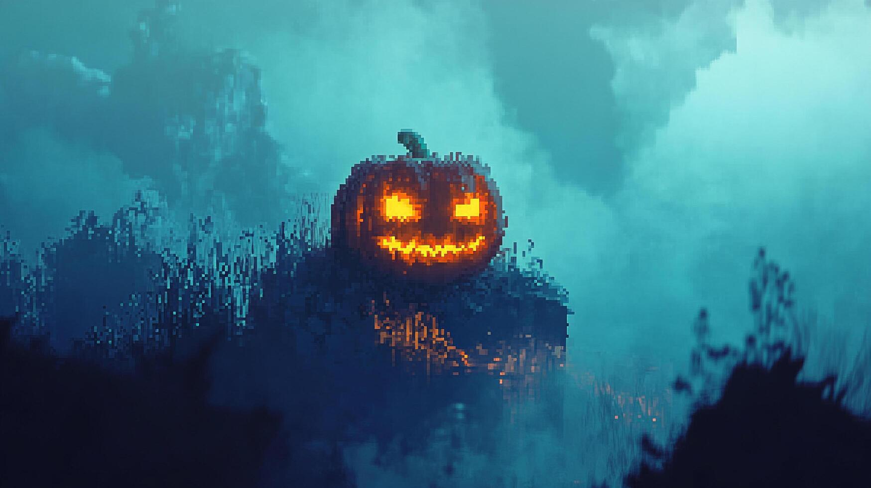 Pixelated pumpkin glows against a misty, moody sky. Dark, atmospheric digital art evokes a spooky, mysterious Halloween scene. photo