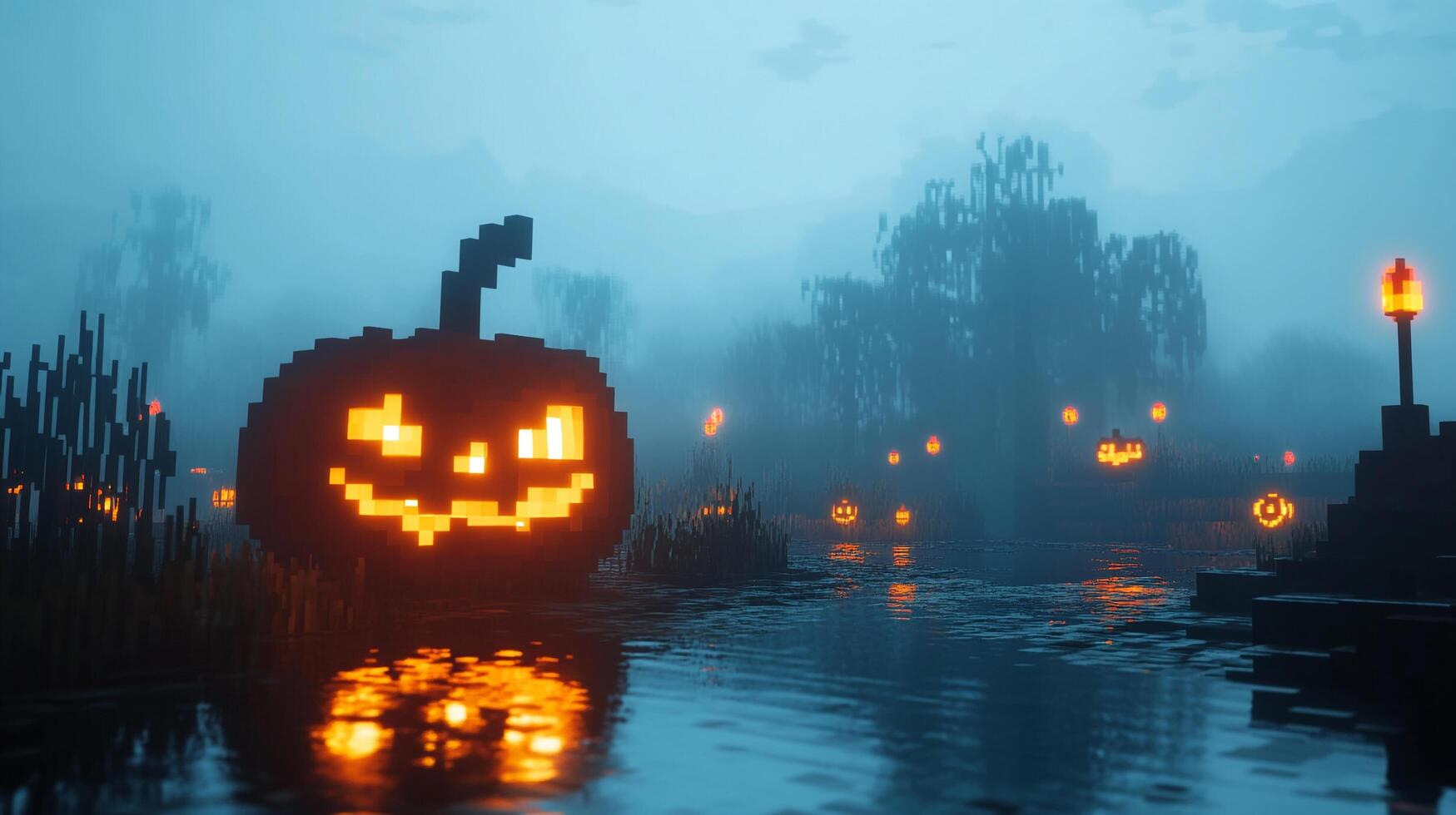 A pixelated pumpkin glows with a friendly smile in the misty night, its reflection shimmering on the water. Spooky Halloween ambiance. photo
