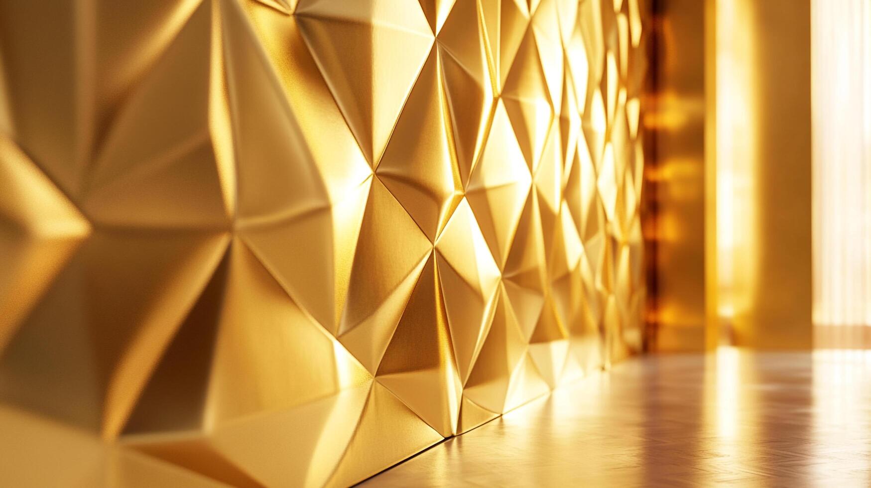 Golden geometric wall catches the light, casting reflections on a glossy floor. A sophisticated and modern backdrop in warm, metallic tones. photo