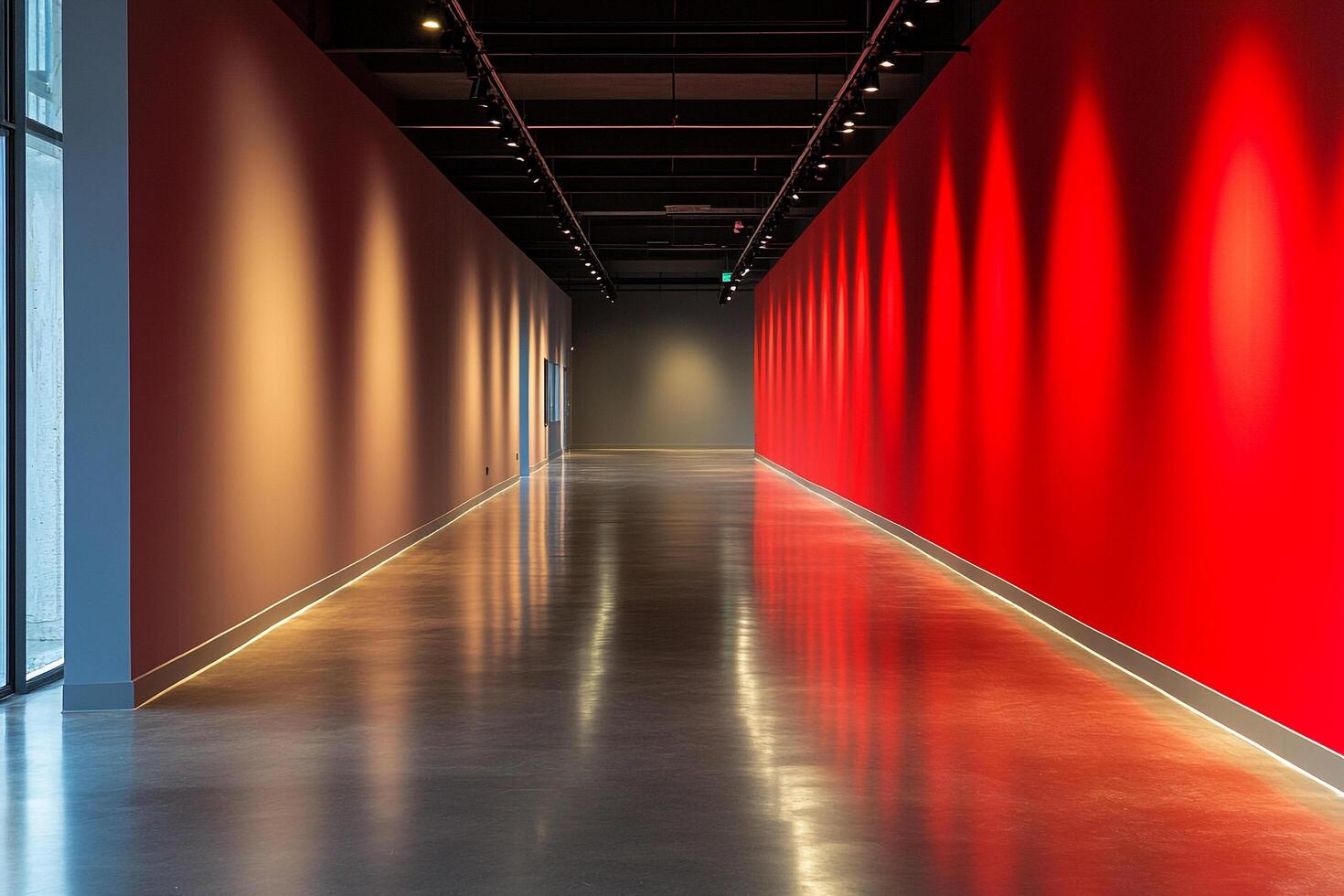 Illuminated hallway showcasing a vibrant red wall and reflections on a polished floor, contrasting with a cooler toned wall on the left. photo