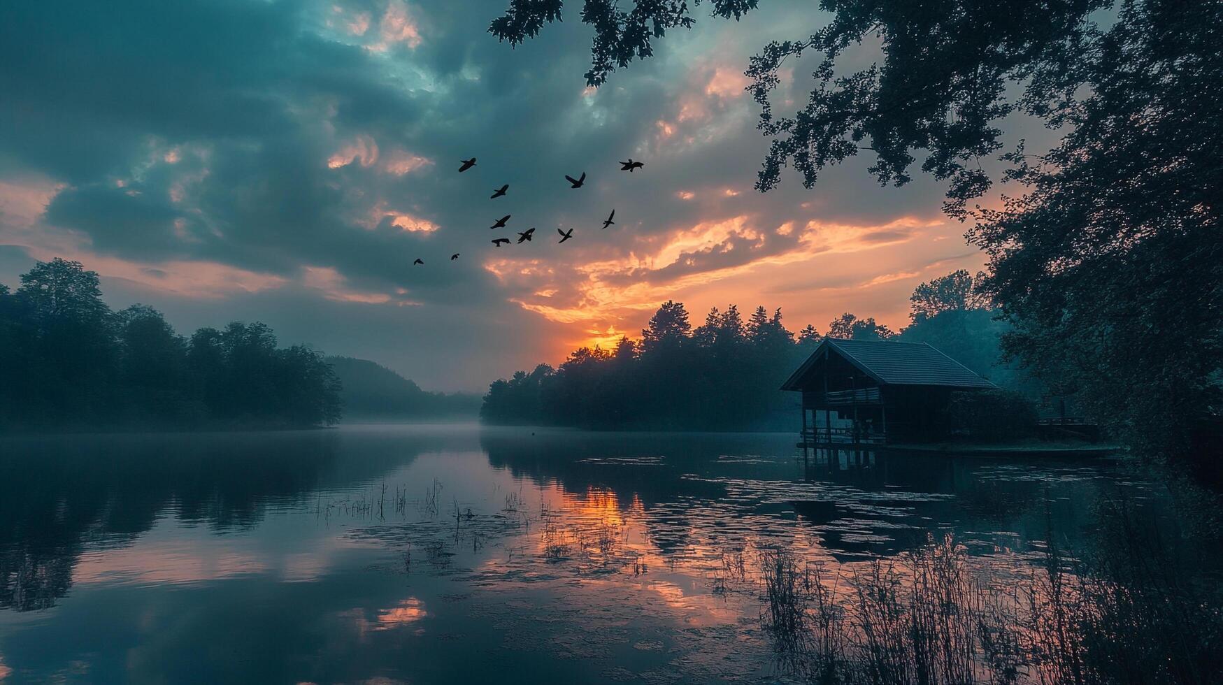 Picturesque sunrise over a serene lake with a small boathouse and birds flying, capturing a tranquil, early morning landscape. photo
