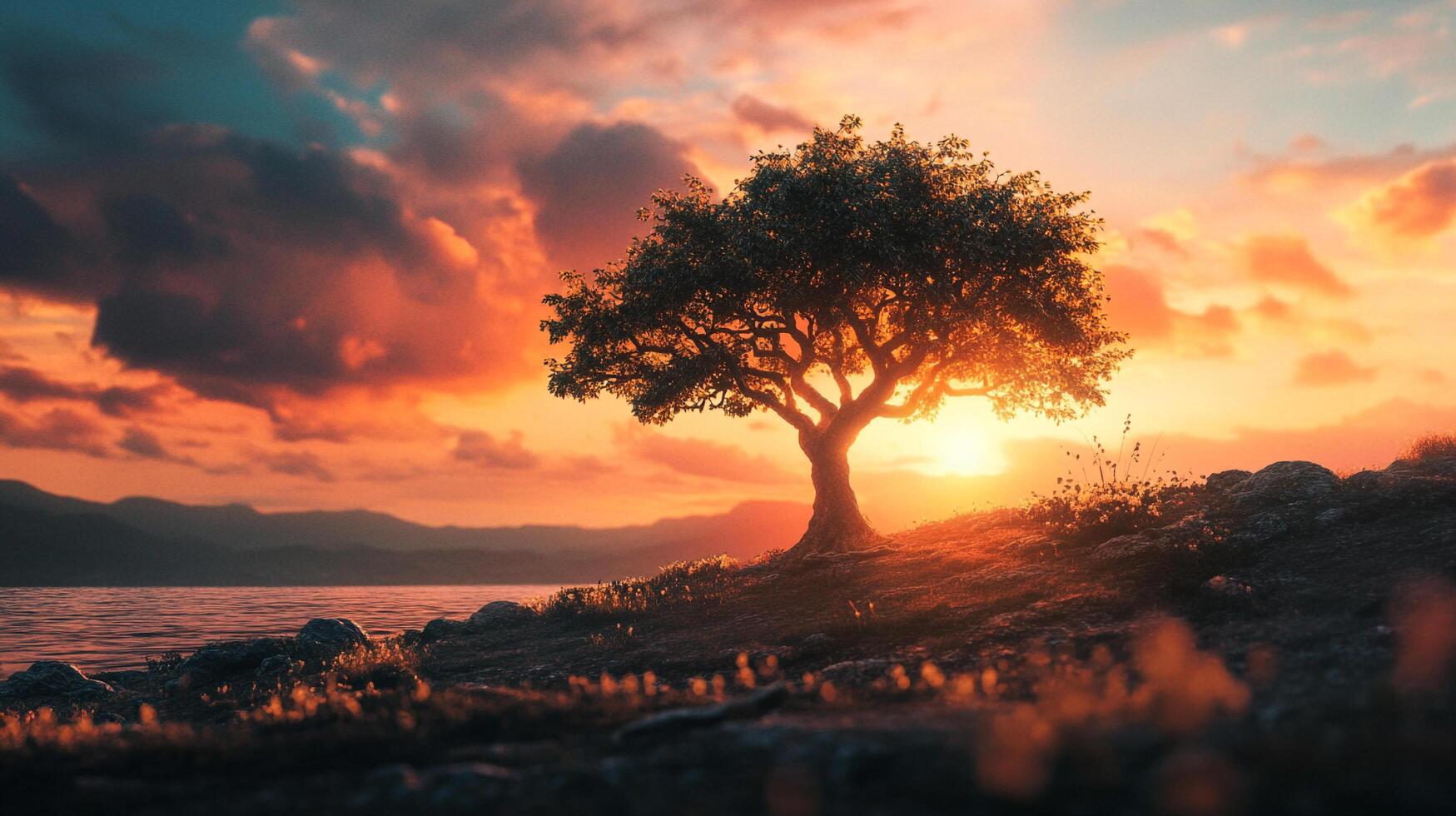 Scenic sunset silhouette of a tree on a hilltop overlooking a lake. The sky is filled with warm colors from the setting sun. photo