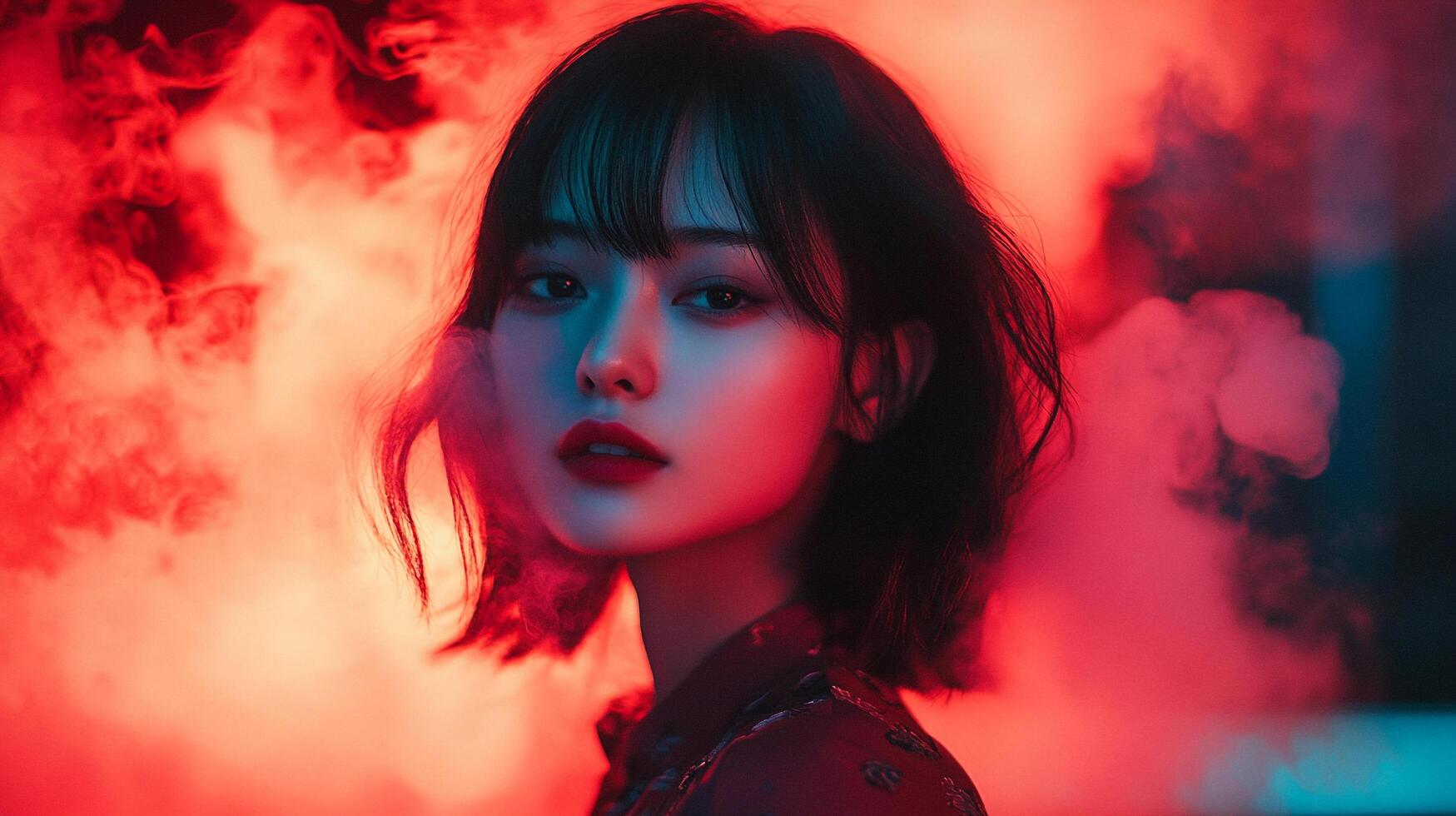 Alluring woman with bold red lips surrounded by smoke and vibrant colors. Intense gaze captivating beauty and allure radiates from the image. photo
