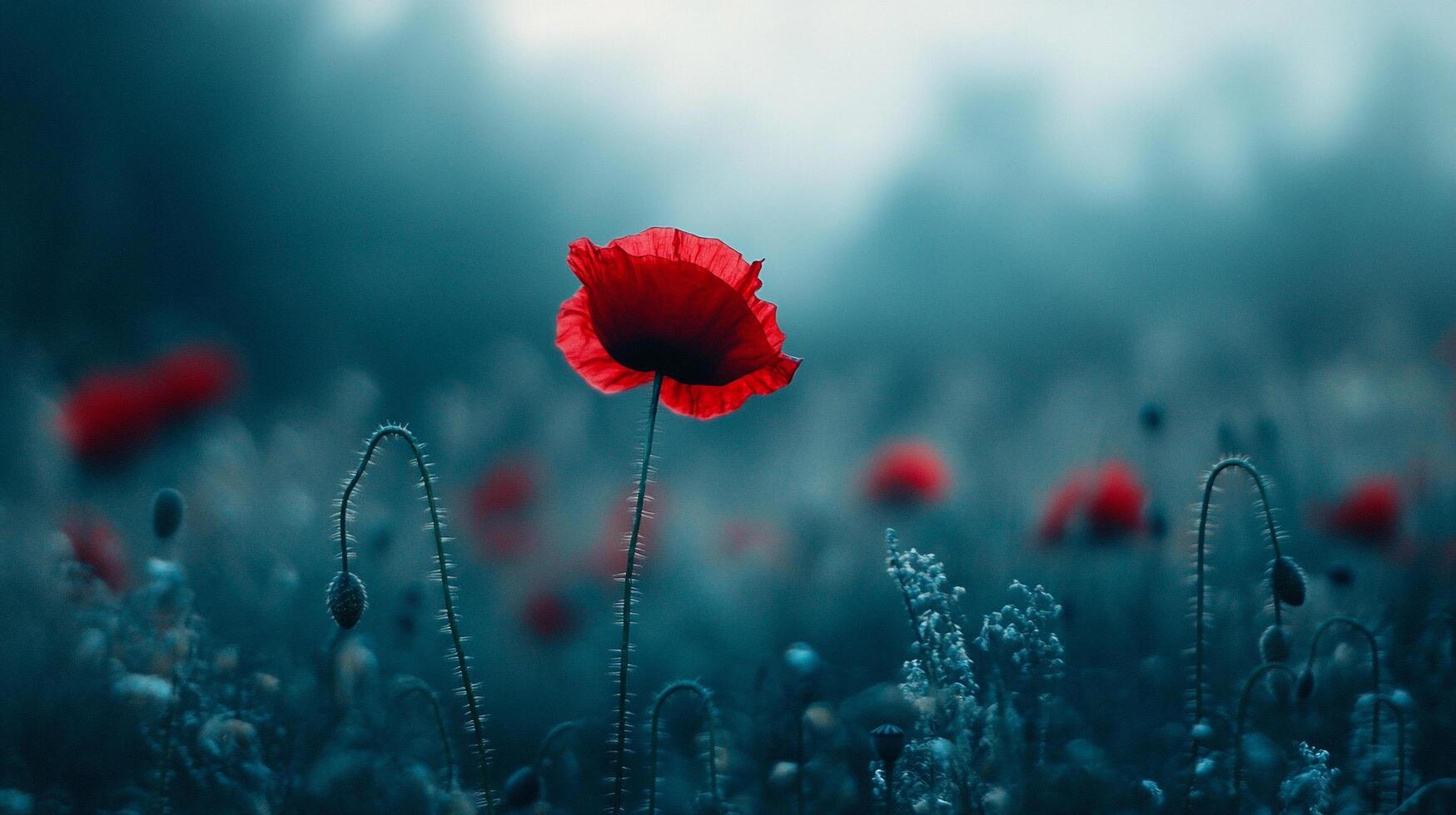 A vibrant red wildflower stands tall amidst a field of muted colors, creating a striking contrast in a serene, natural setting. photo