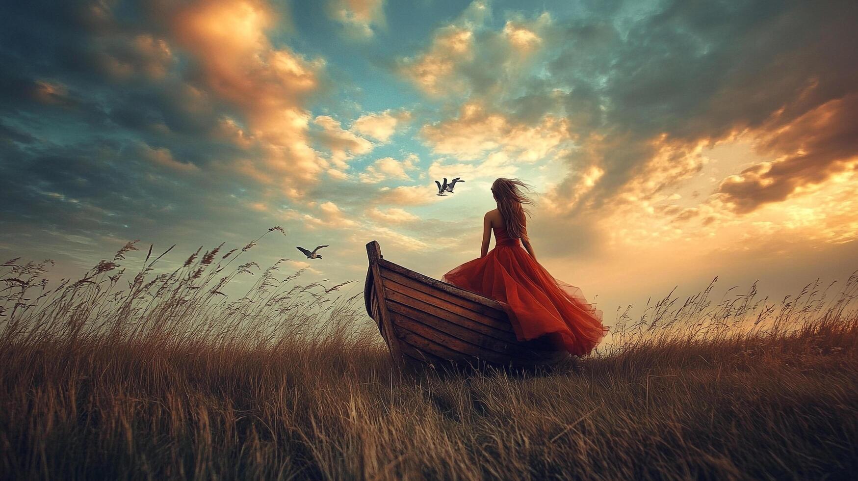 A woman in red dress on a boat in a field with birds in the sky at sunset, creating a serene and dreamy atmosphere. photo