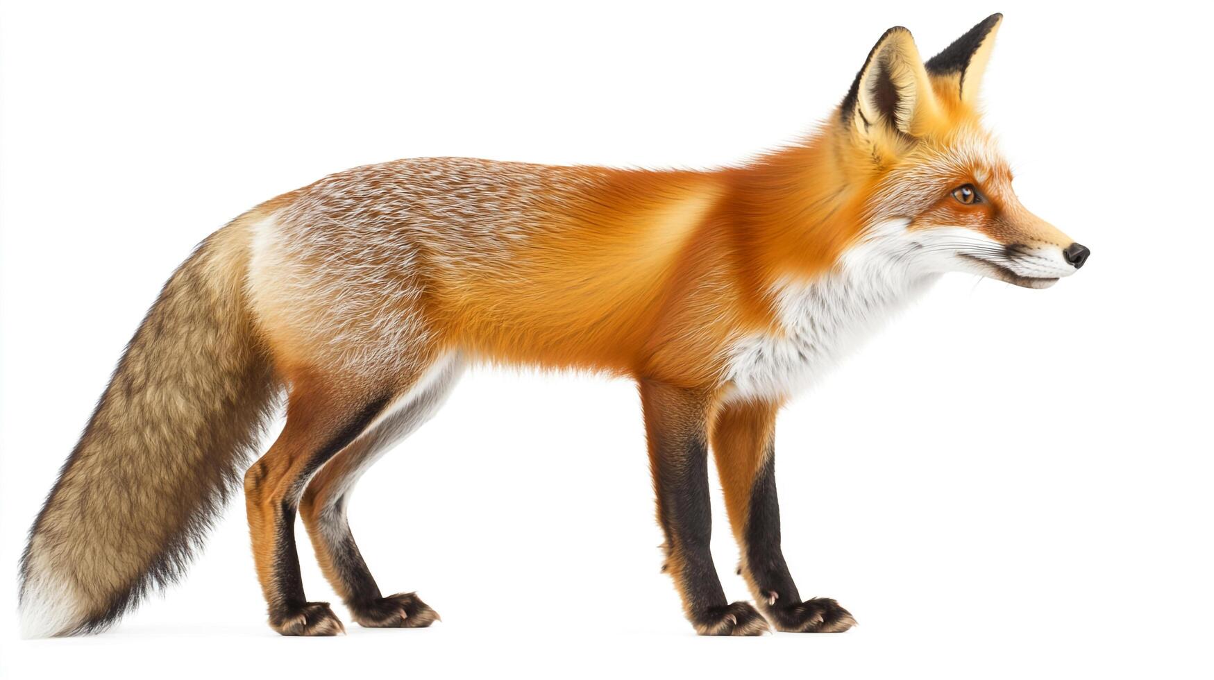 A majestic red fox with its characteristic orange-red fur, contrasting black legs, and bushy tail, stands alert against a white background. photo