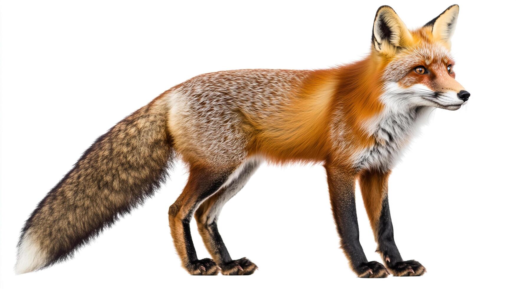 A fox with a long tail and reddish fur is isolated on a white background, showcasing its beautiful orange coat and alert stance. photo