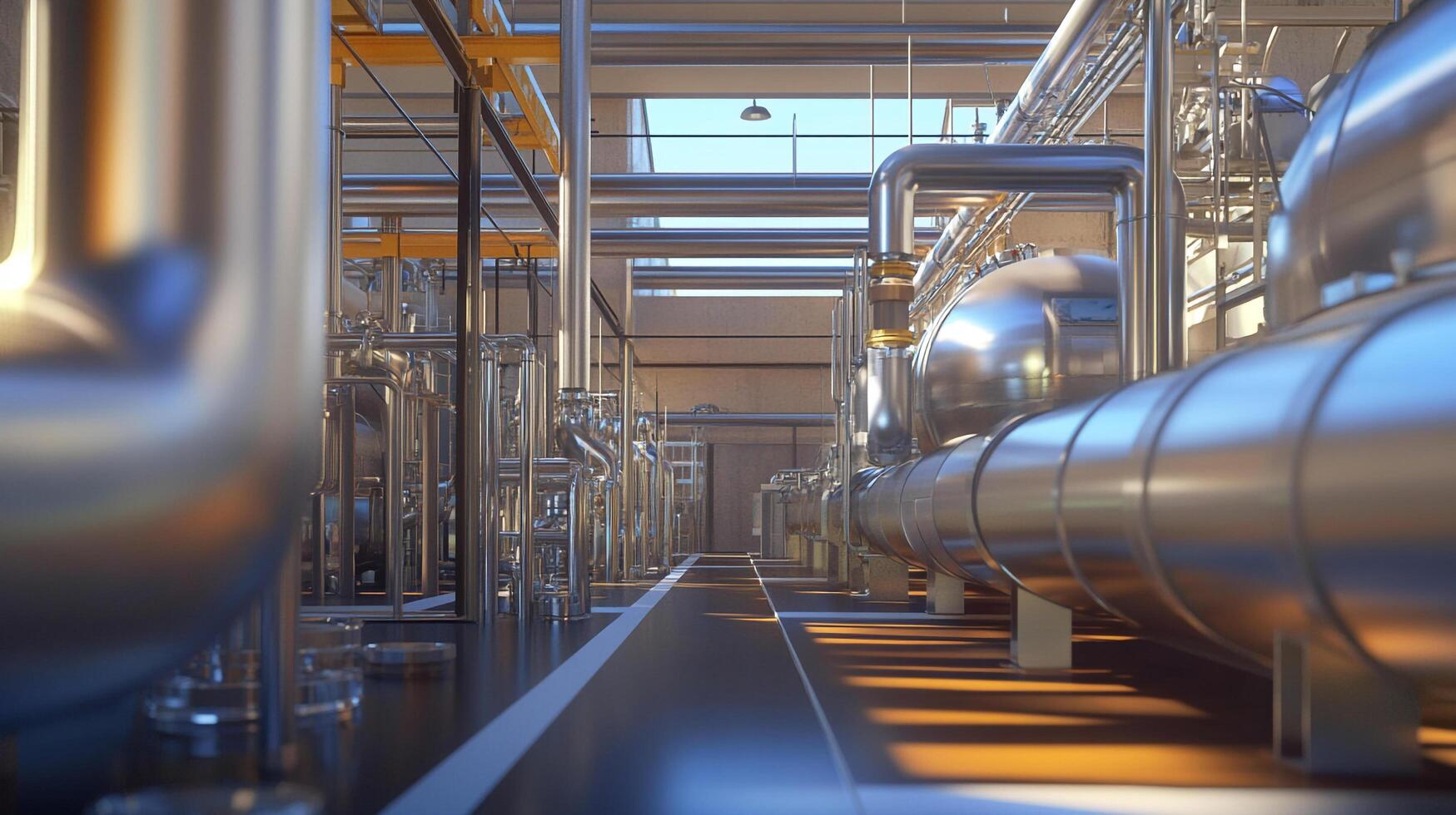 Metallic pipeline system with reflective surfaces and complex infrastructure, conveying industrial processes and engineering. photo