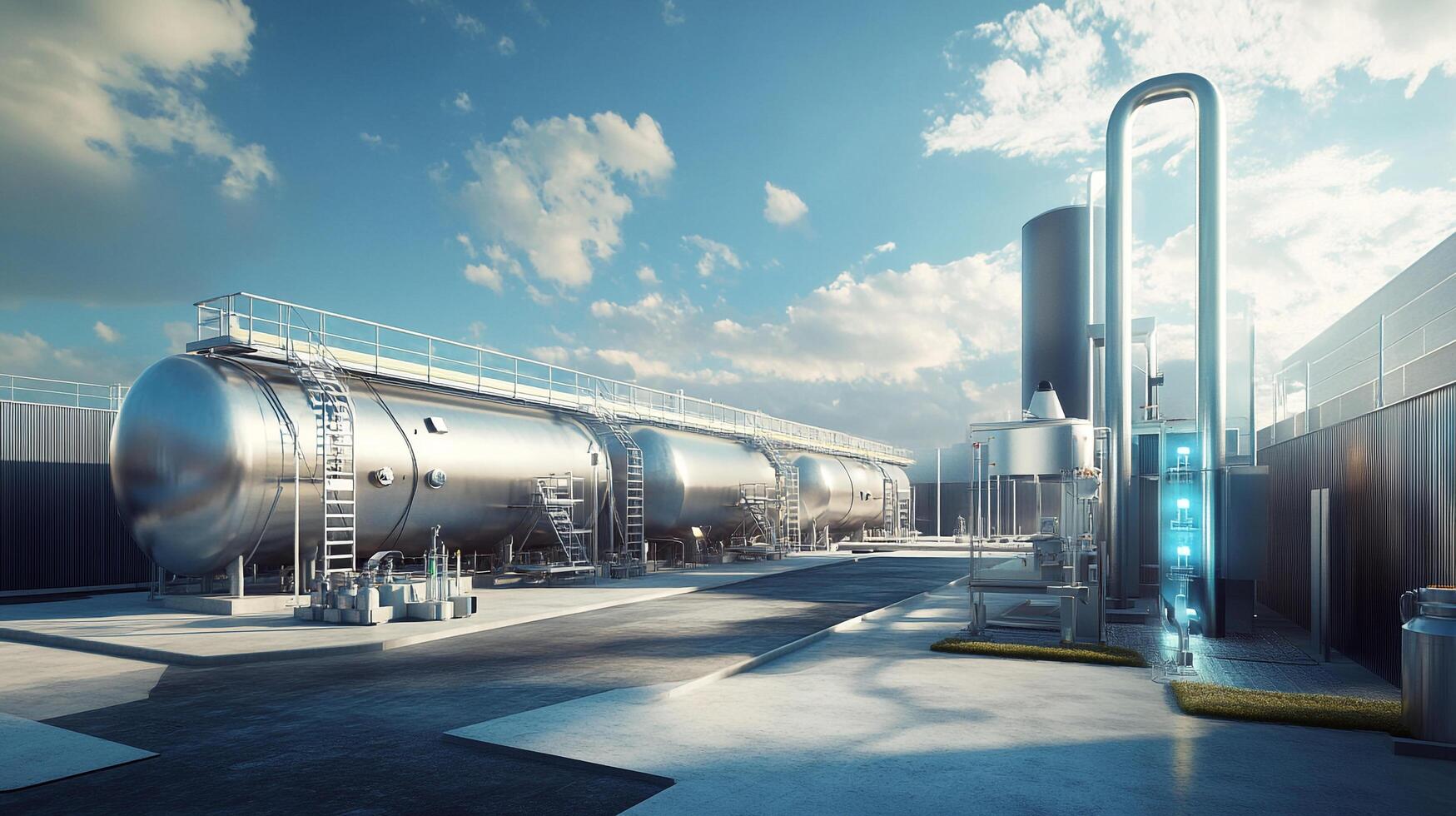 Industrial storage facility with large tanks. Metallic structures dominate the scene under a partly cloudy sky, showcasing industrial architecture. photo