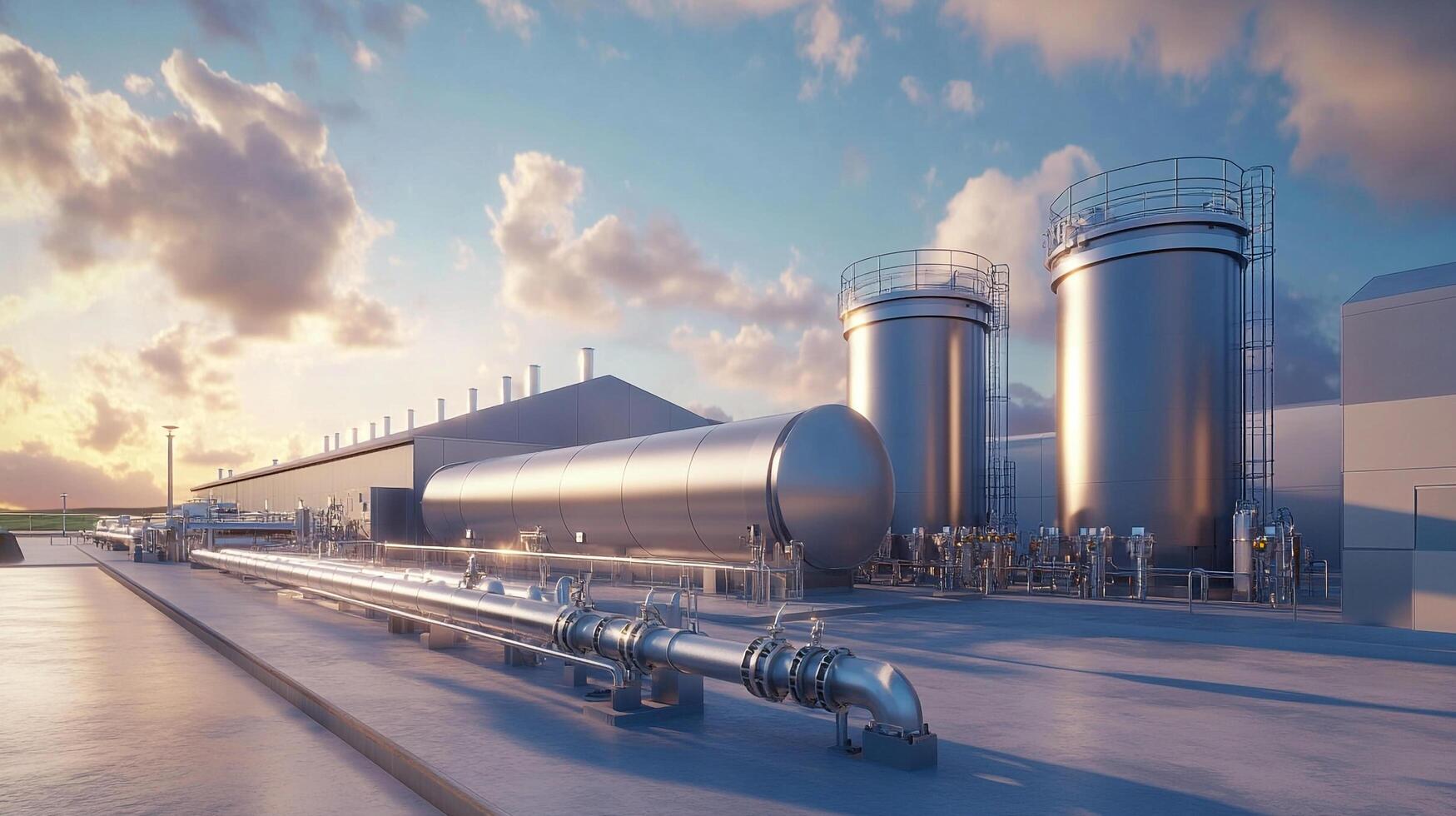 Industrial landscape featuring storage tanks and pipes under a blue sky with clouds, conveying a sense of scale and engineering. photo
