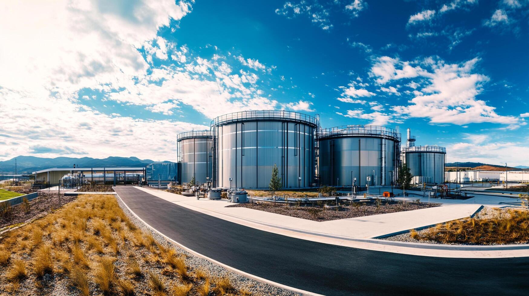 Industrial storage tanks dominate the landscape under a bright blue sky with scattered clouds, set against a backdrop of distant mountains. photo