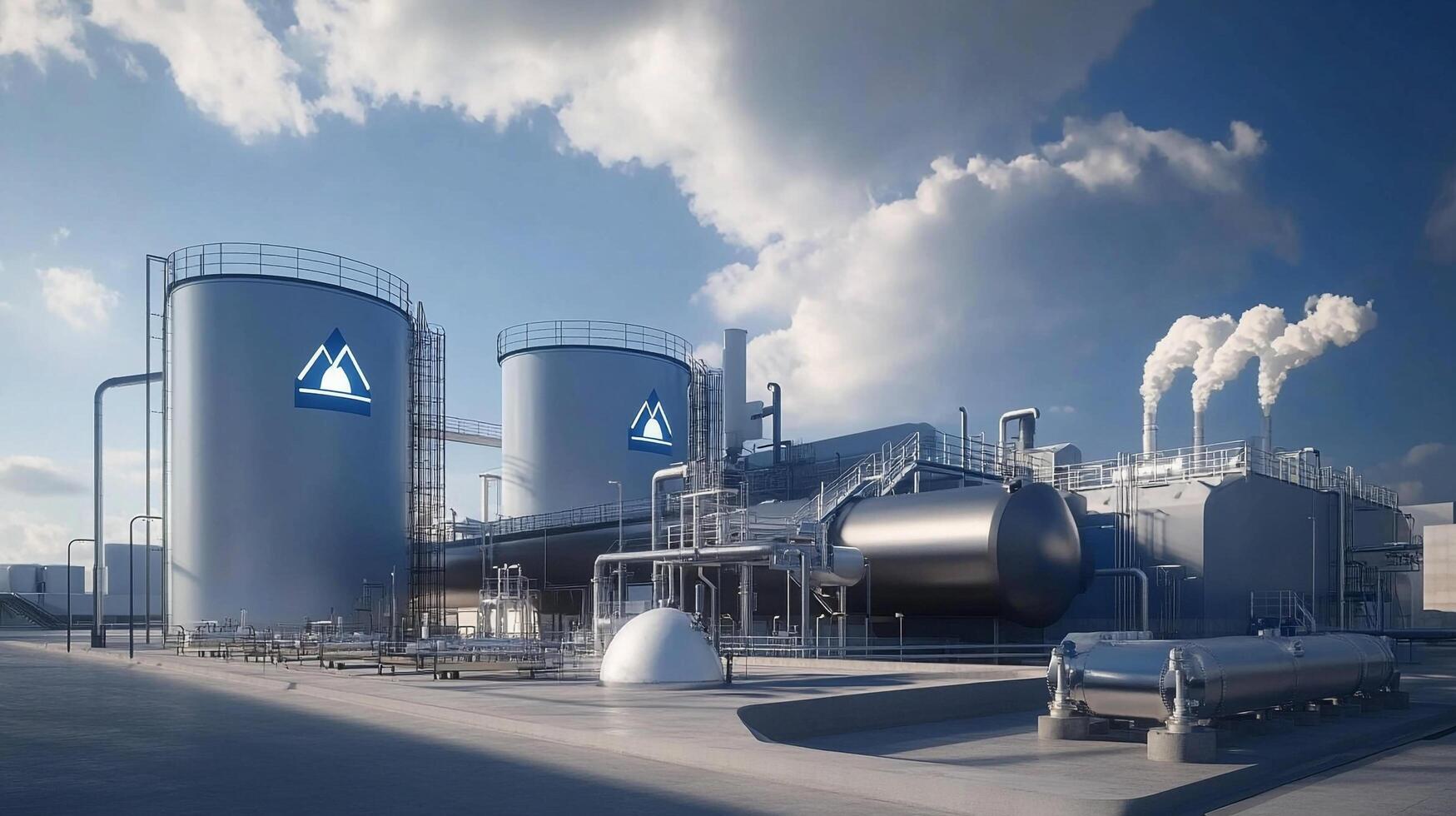 Industrial facility with storage tanks and smoke stacks, set against a bright sky with clouds and a flat, concrete ground. photo