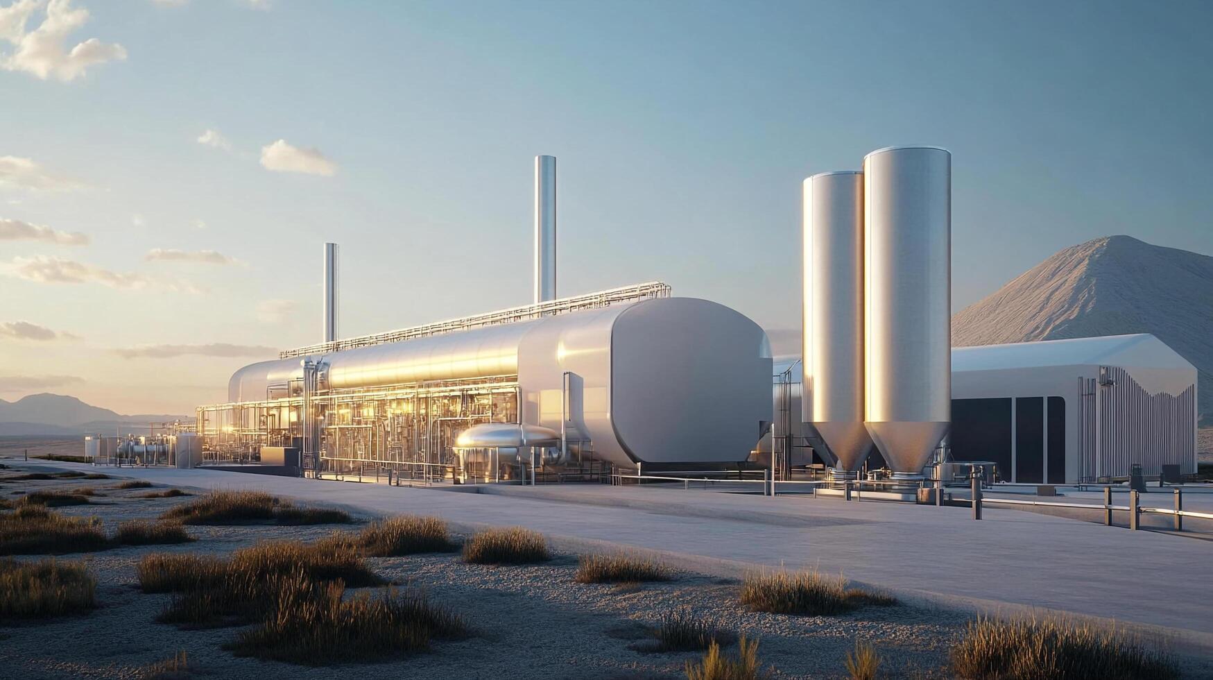 Industrial complex on the horizon, featuring metallic tanks and pipes, set against a backdrop of a desolate landscape and clear skies. photo