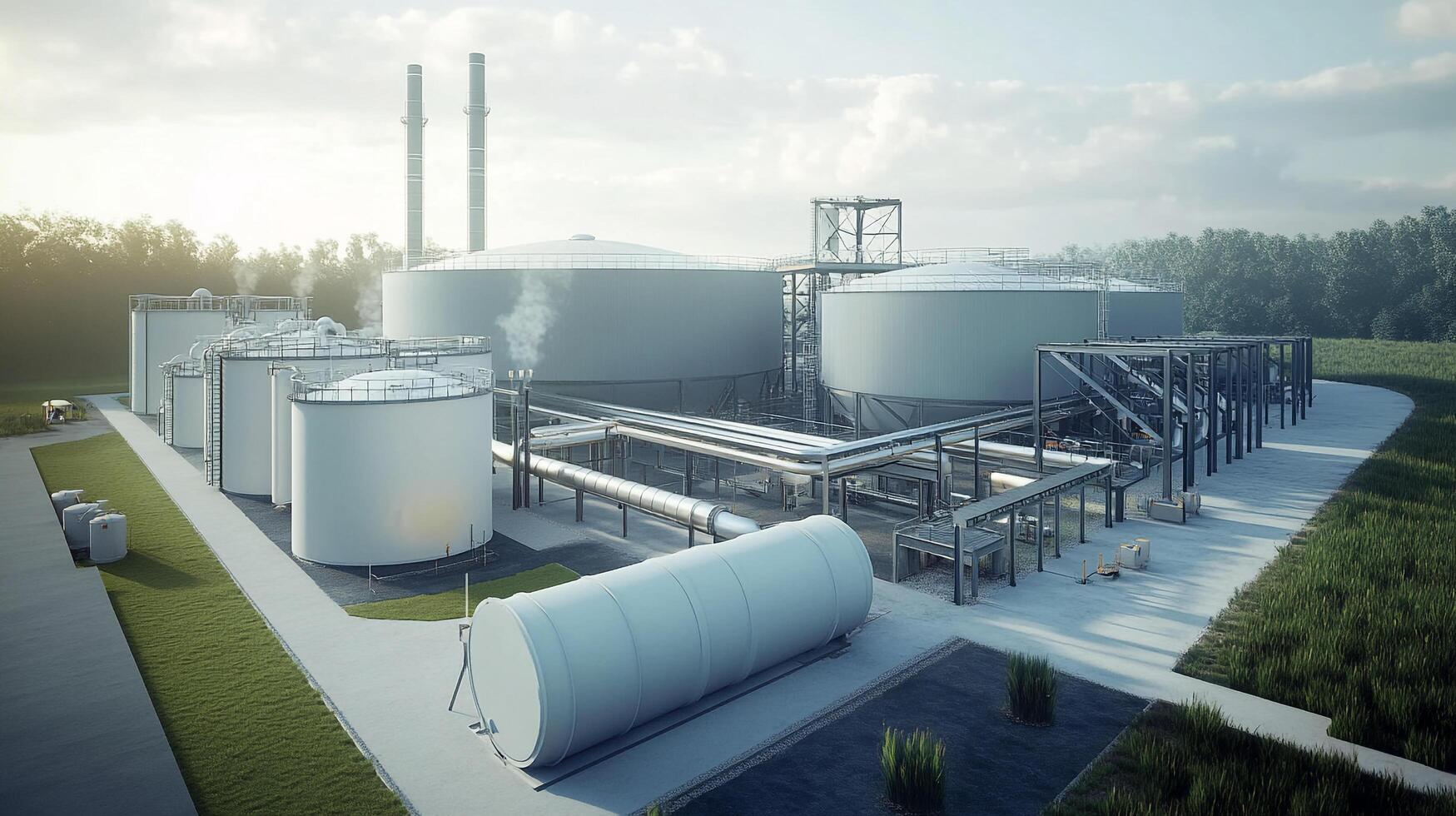 Industrial landscape with white tanks and silver piping conveys a sense of engineering and utility amidst a backdrop of nature. photo