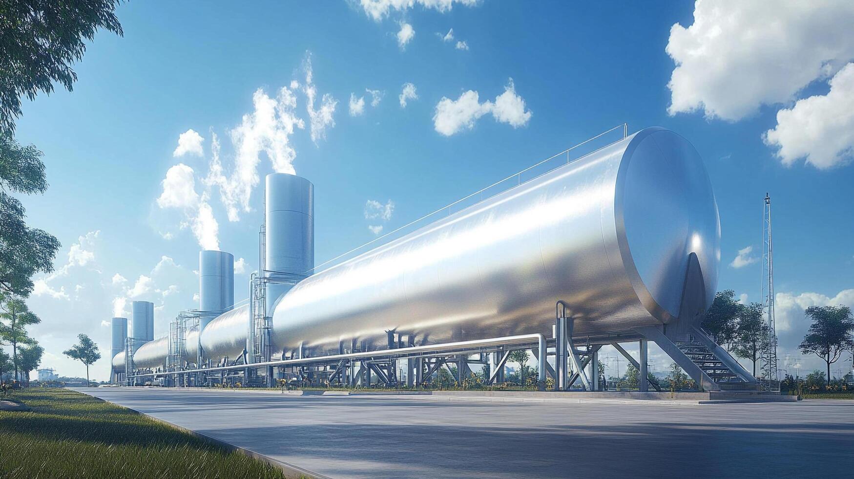 A large industrial complex featuring rows of metal tanks and chimneys set against a bright blue sky with fluffy white clouds. photo