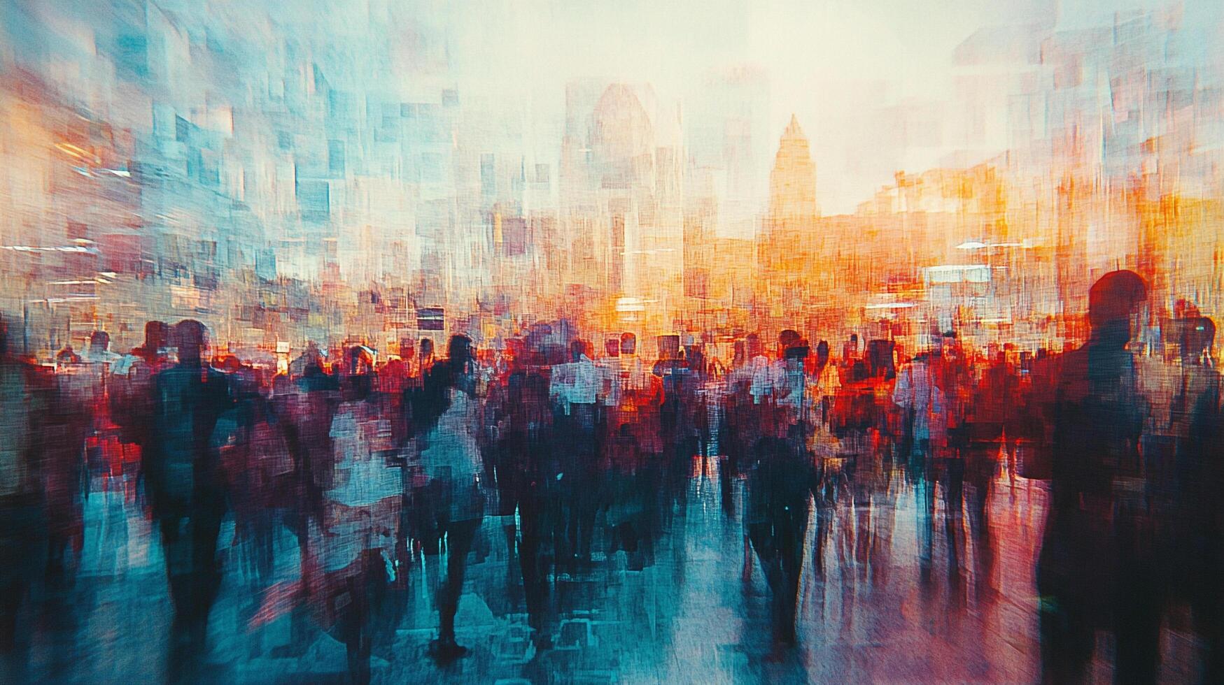 Abstract motion art of crowds, people, and cityscapes conveys urban bustle and human activity with vibrant colors and blurred figures. photo