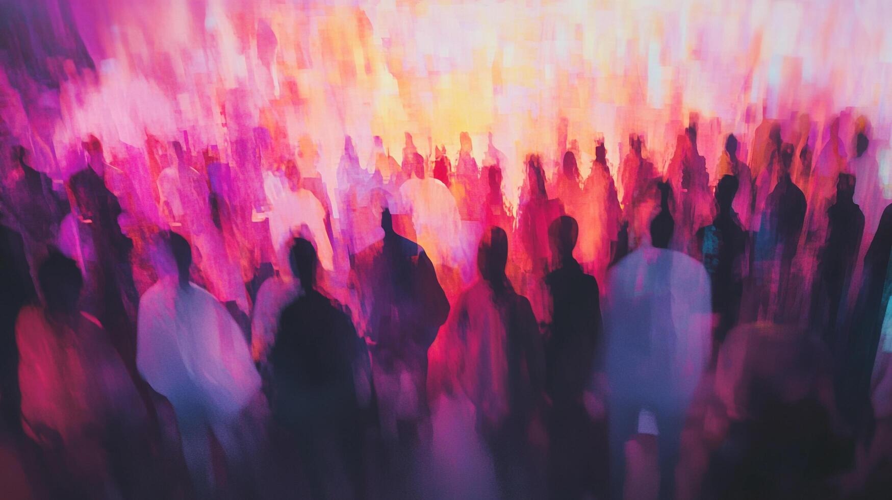 Abstract crowd of silhouetted people bathed in vibrant pink, purple, and yellow light, creating a sense of energy and excitement. photo