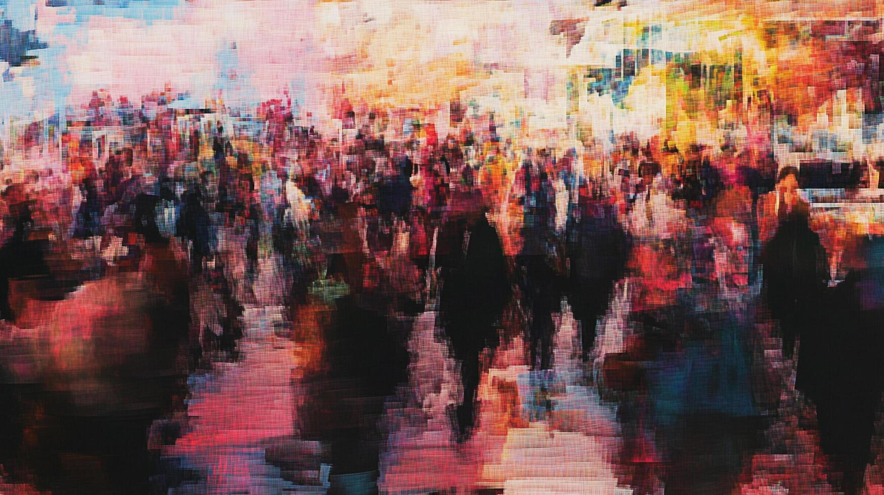 Abstract painting of a crowded city street. The scene is rendered in blurred strokes with a vibrant, dynamic color palette. photo