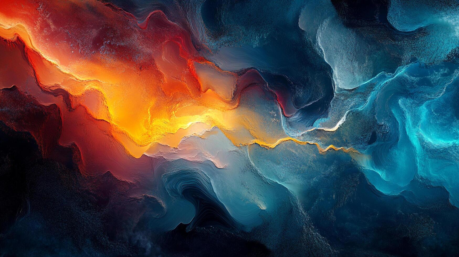 Abstract painting evokes a sense of depth and movement with fiery hues contrasting cool blues, creating a dynamic visual spectacle. photo
