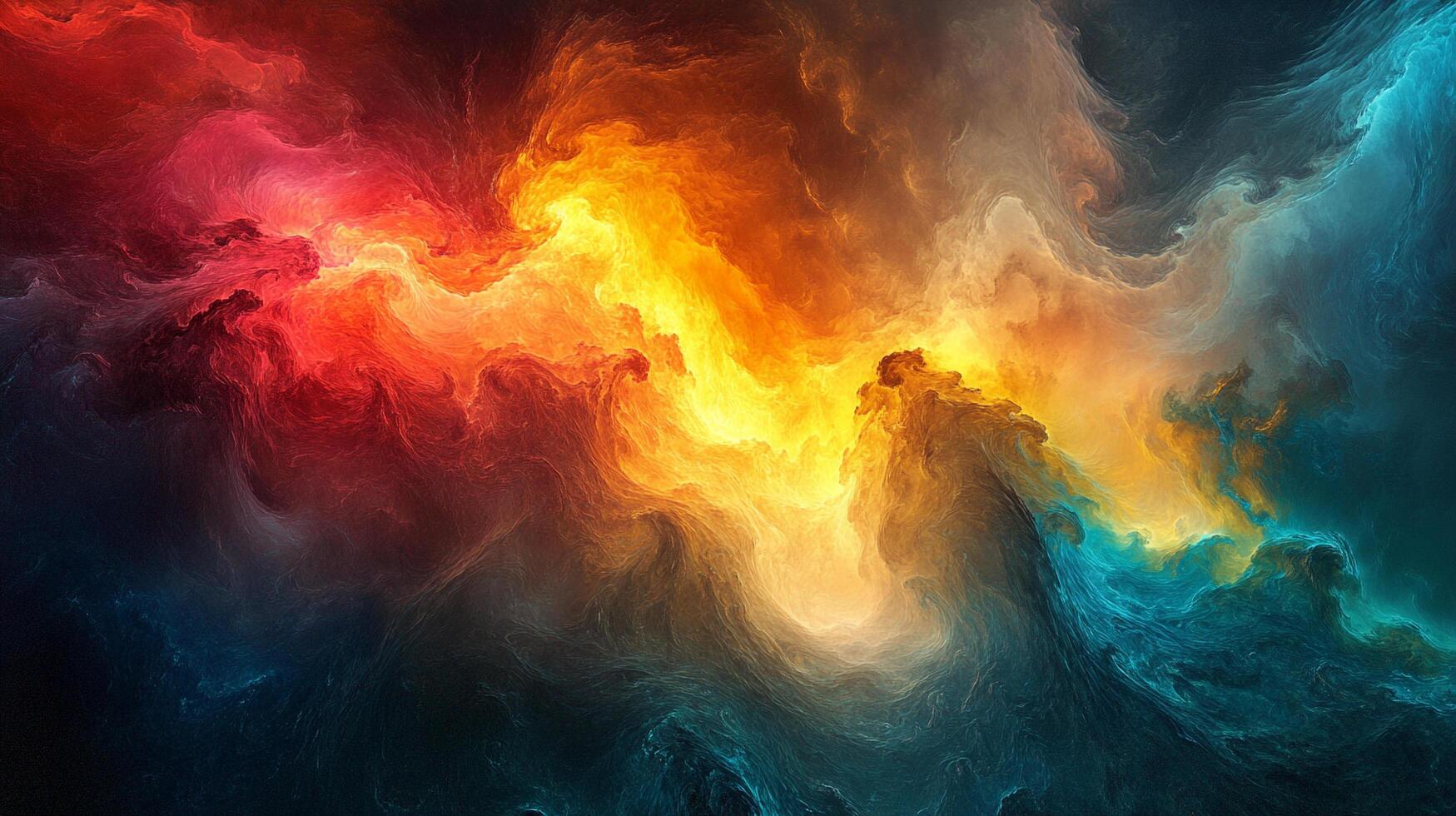 Abstract nebulae of warm colors blending and swirling, creating a dynamic visual spectacle. Warm colors with cool blue colors contrast. photo