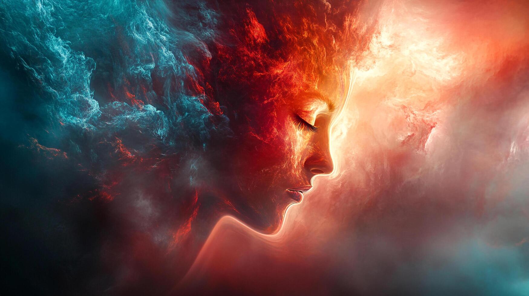 Surreal portrait of a person emerging from vibrant swirls of red, orange, and cool blue smoke, creating a dreamy and ethereal atmosphere. photo