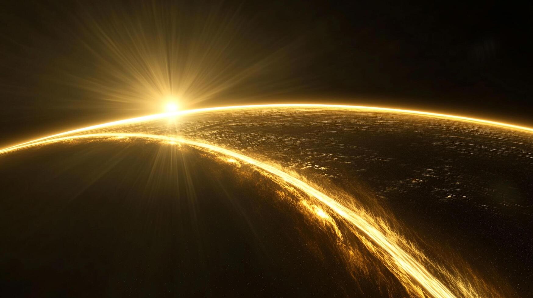 Golden cosmic sunrise illuminating a planet, creating a warm glow in the dark expanse. A serene and radiant celestial spectacle. photo