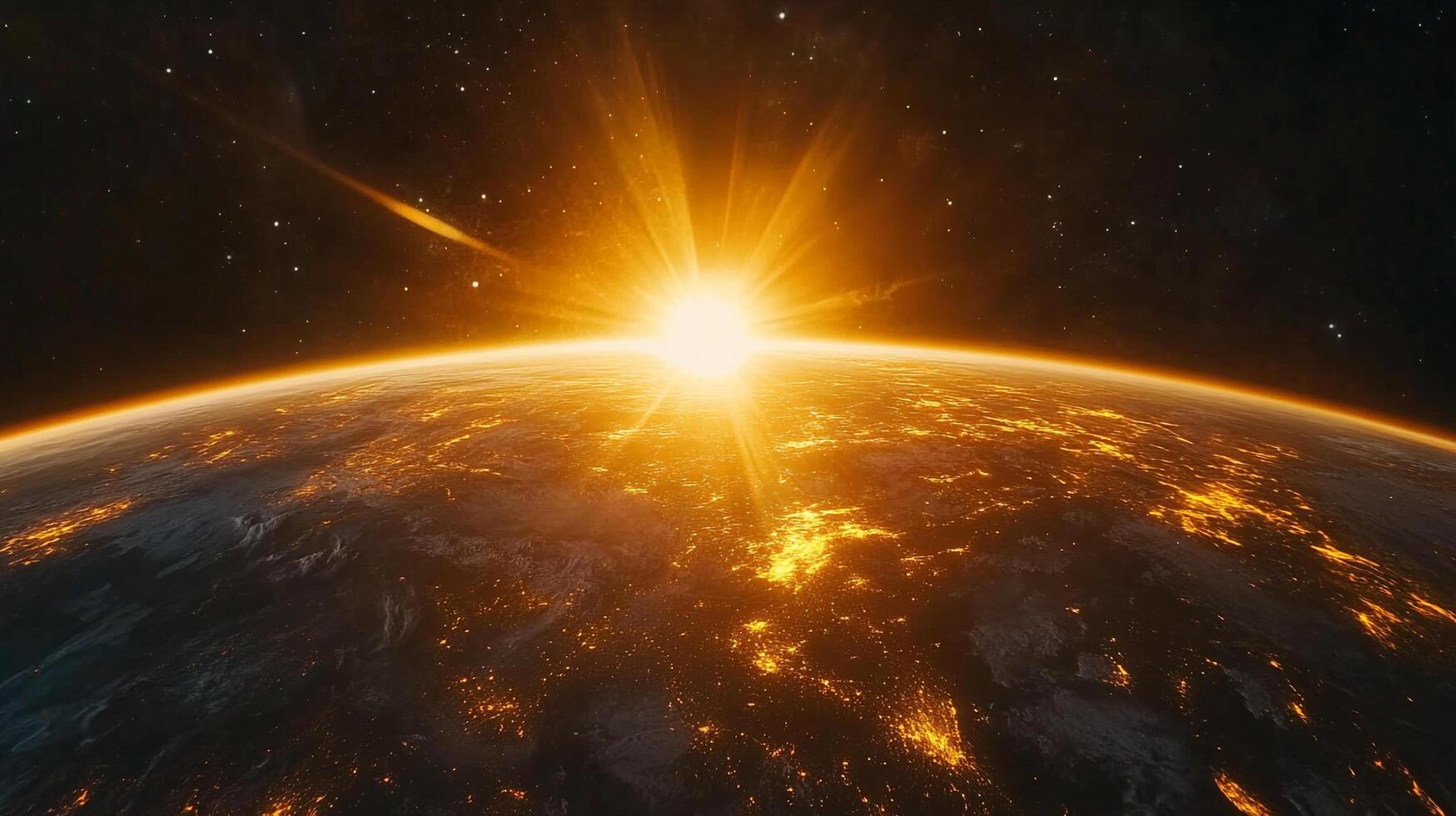 Dramatic view of Earth from space, lit by a powerful sun, with a fiery trail streaking across the starry cosmos. A stunning cosmic scene. photo