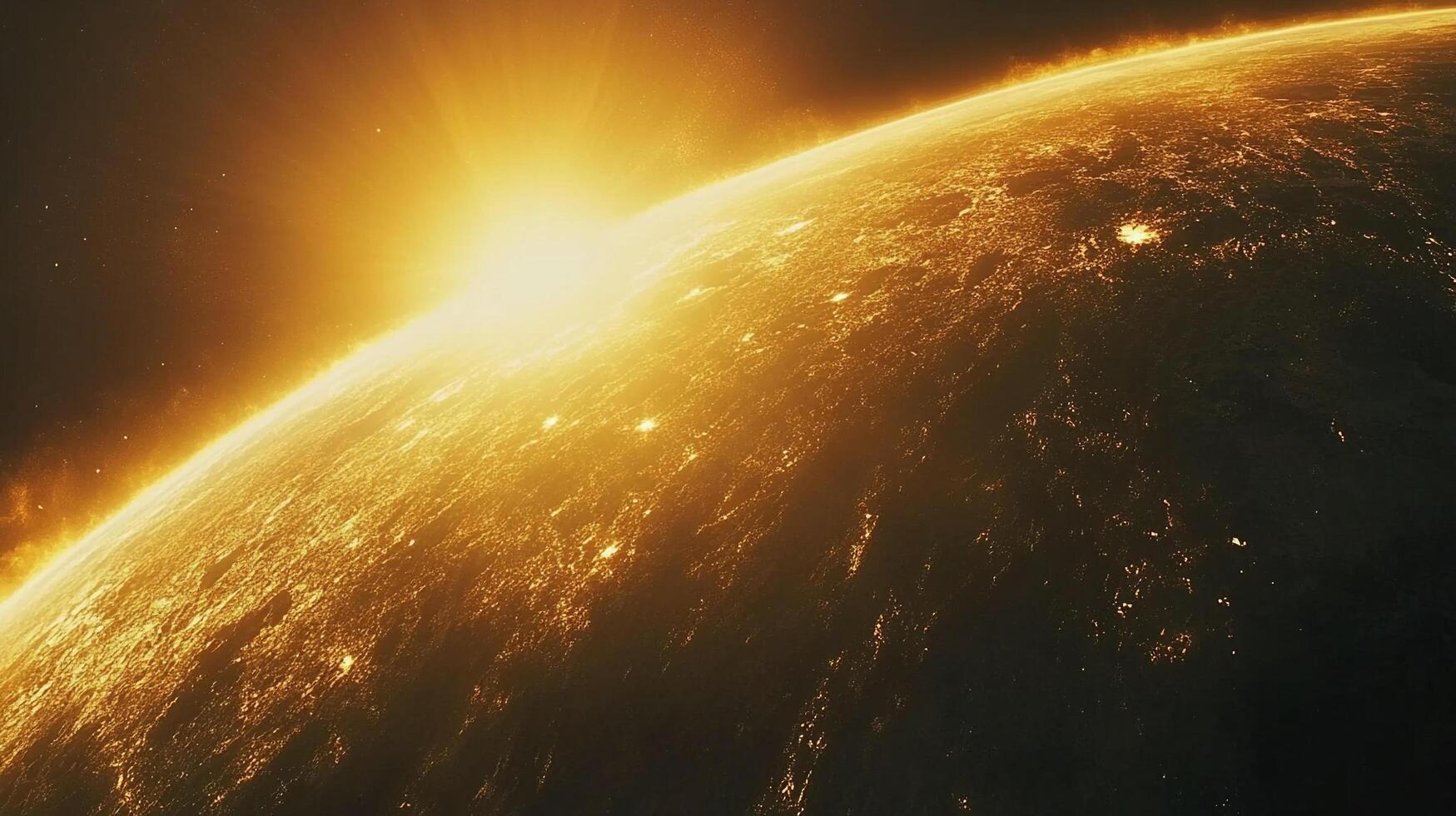 Sunrise over a planet, radiating warmth and light. The horizon glows, illuminating the terrain below with a golden hue. photo