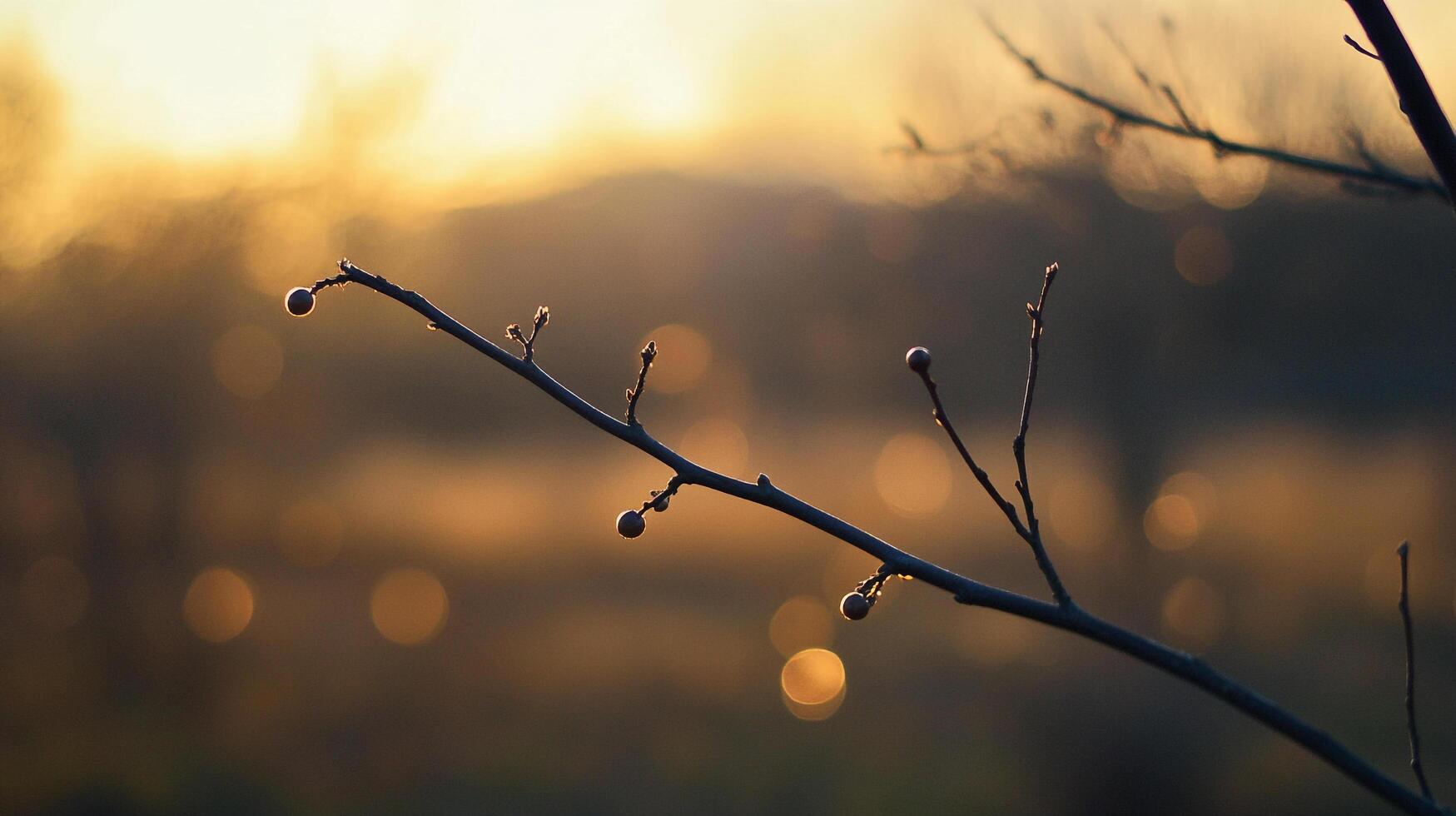 Delicate branch with buds against a blurred golden backdrop, symbolizing nature's quiet beauty and the promise of renewal. photo