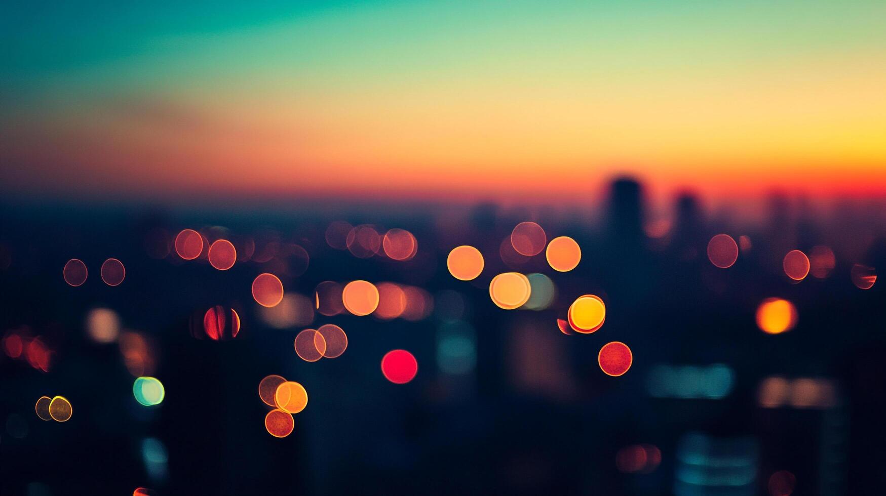 Abstract sunset cityscape with out-of-focus lights, creating a dreamy and atmospheric scene. Soft, blurred bokeh effect. photo
