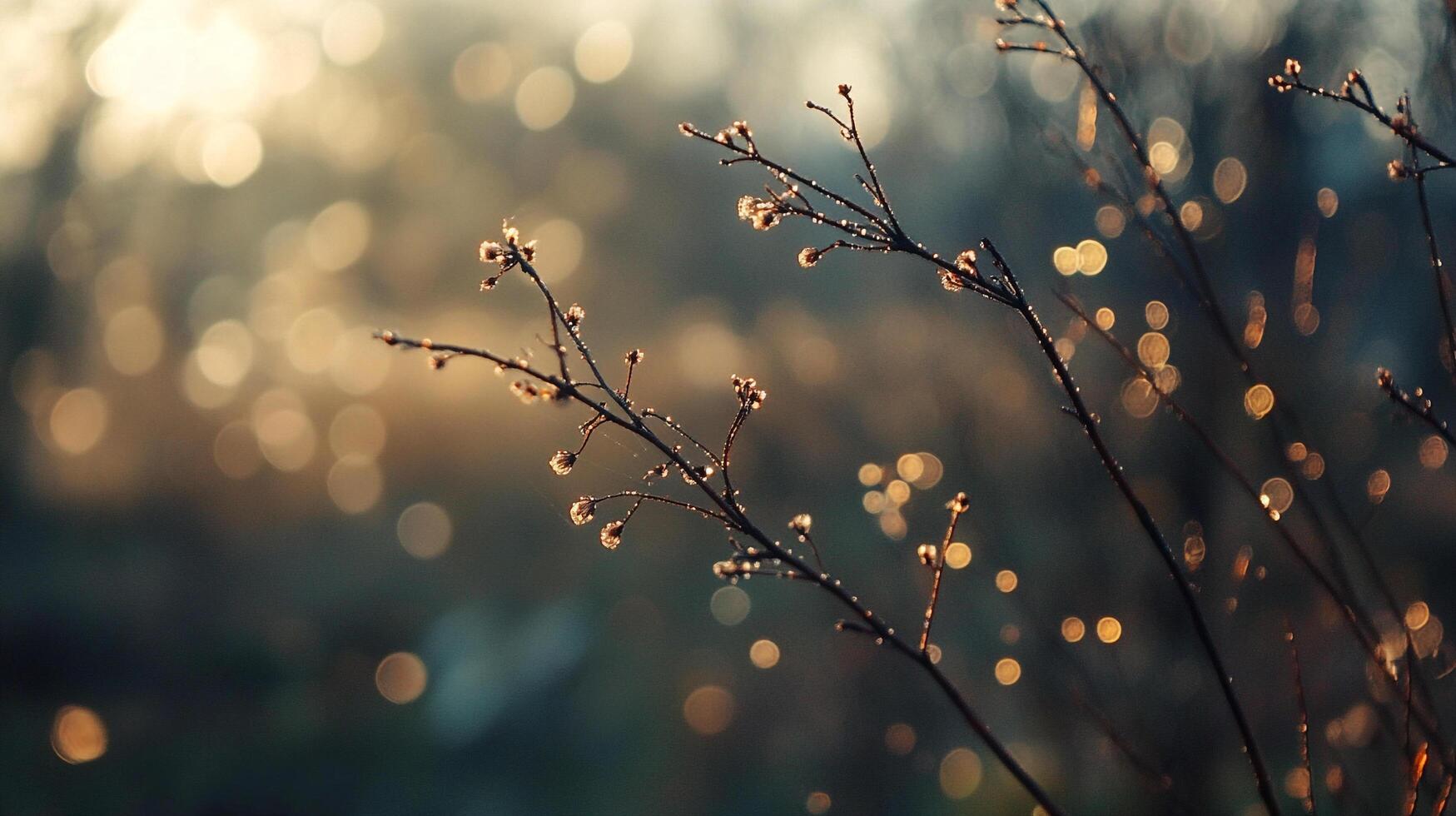 Delicate branches glisten with dewdrops in the soft morning light, creating a dreamy, ethereal atmosphere of natural beauty. photo