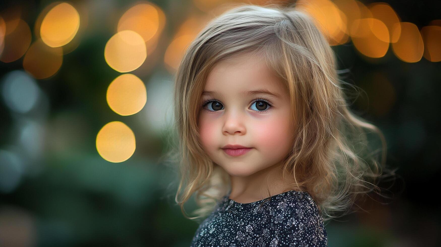 Charming young girl with blonde hair and captivating eyes, radiating innocence and joy against a bokeh lights backdrop. Lovely portrait. photo