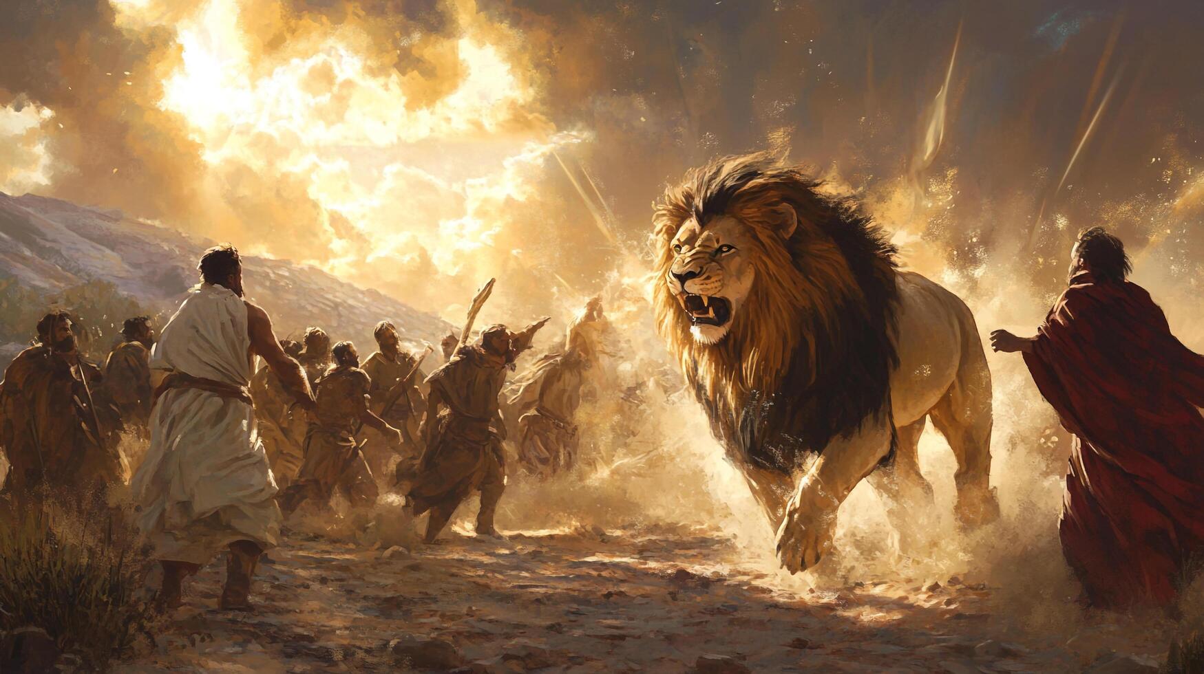 Lion roars confronting men on a dusty field under a dramatic sky, capturing a moment of tension and potential conflict. photo
