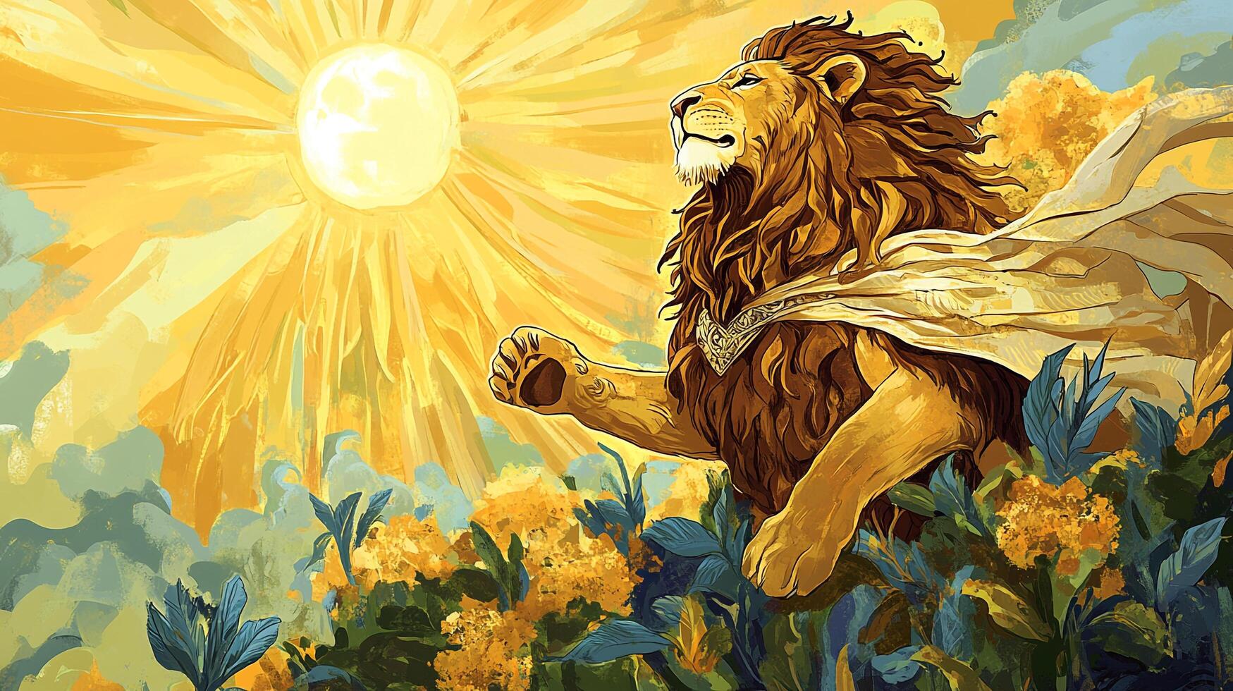 Lion king rises with cape, golden mane shines, sun blazing, over a field of flowers, a majestic and awe-inspiring sight to behold. photo