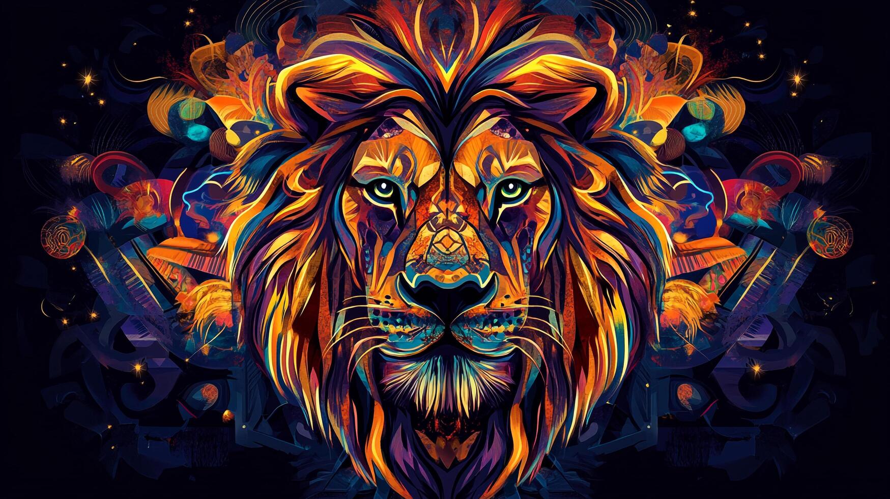 A vibrant, abstract artwork featuring a stylized lion's head with intricate details and colorful patterns against a dark background. photo