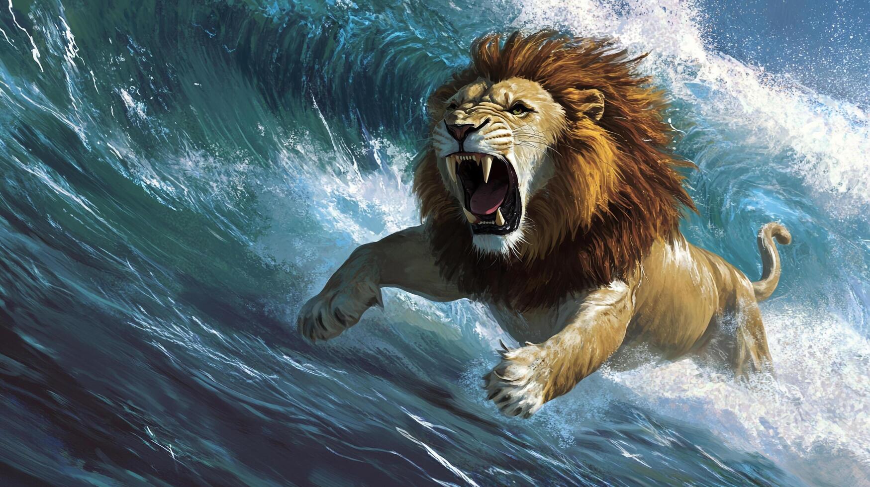 A majestic lion leaps through crashing ocean waves, its powerful roar echoing amidst the surging water and aquatic backdrop. photo