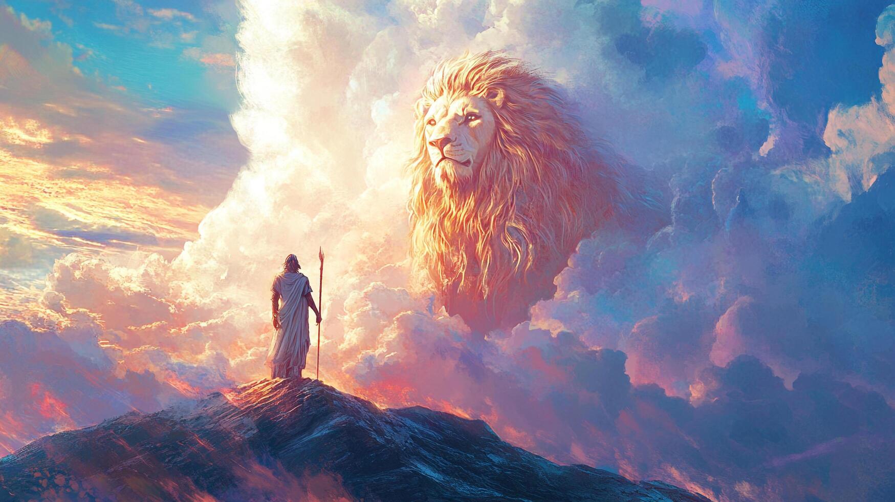 A figure stands before a majestic lion formed from clouds, creating a surreal and evocative scene amidst a vibrant, colorful sky. photo