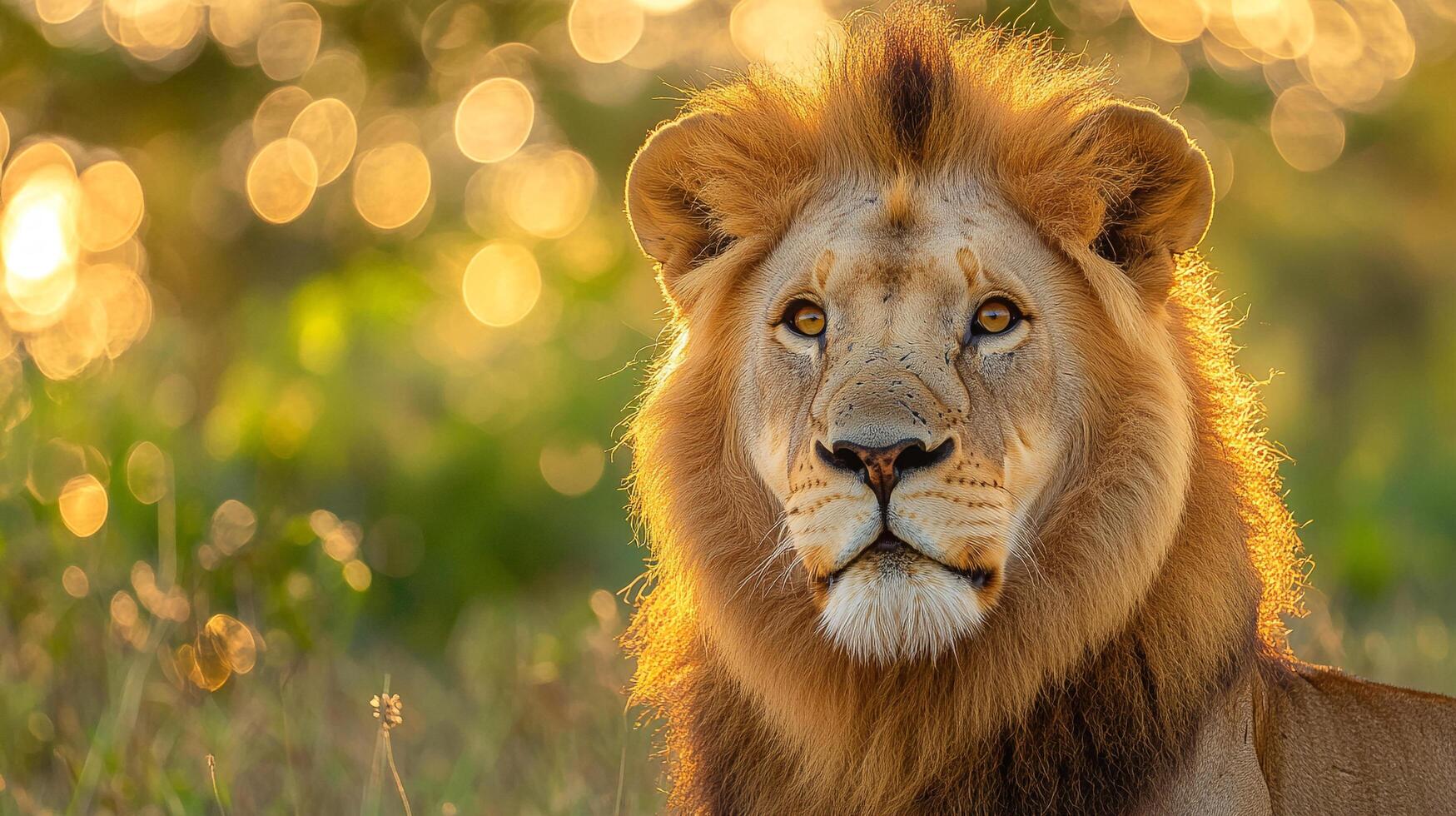 Majestic lion portrait, golden mane glowing in soft sunlight, watchful gaze, serene wildlife scene, powerful, regal, nature's beauty. photo