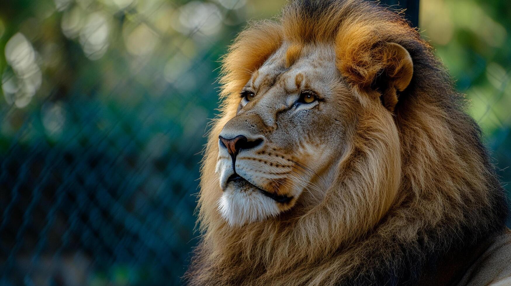 Majestic lion with a striking mane gazes off, embodying power and pride in a natural, lush background. The king of the beasts. photo