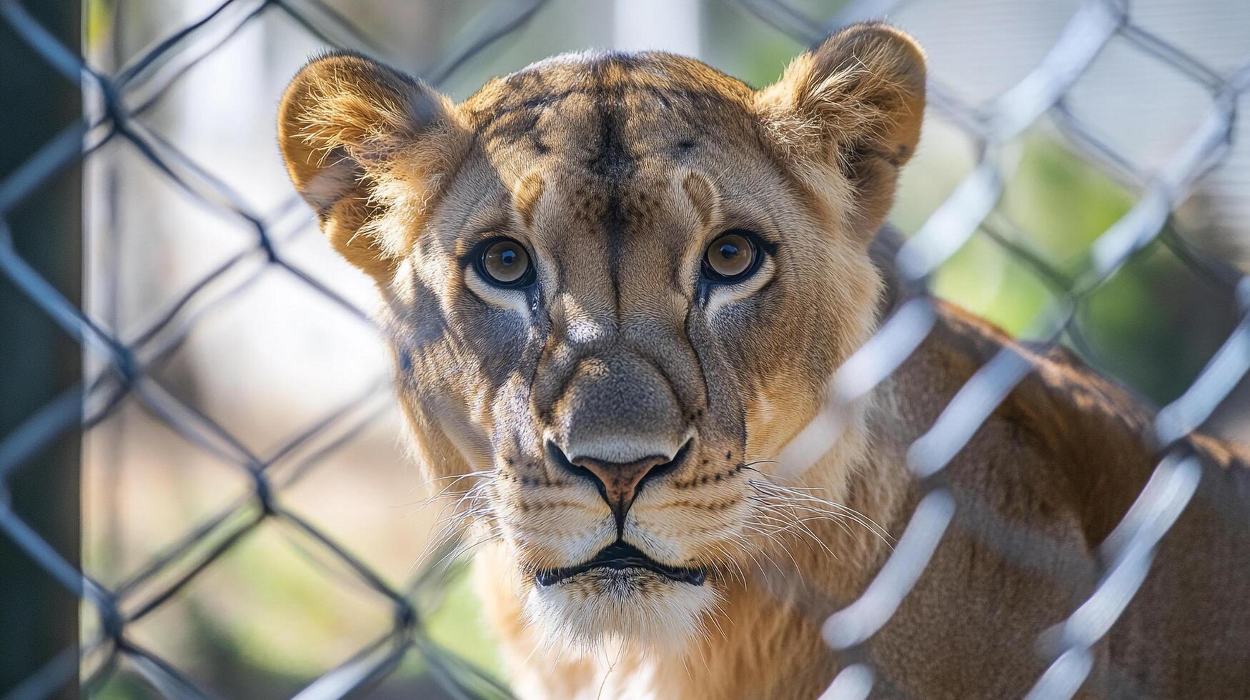 Lioness behind a wire fence gazes intently with captivating eyes. Close-up capturing wild beauty and captivity. Focused, detailed view. photo