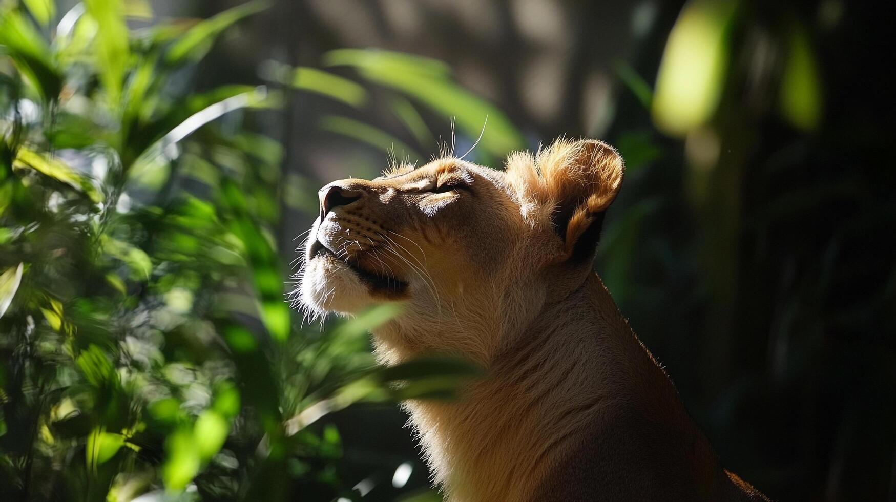 A majestic lioness basking in the warm sunlight, surrounded by lush greenery, creates a serene and captivating moment in nature. photo