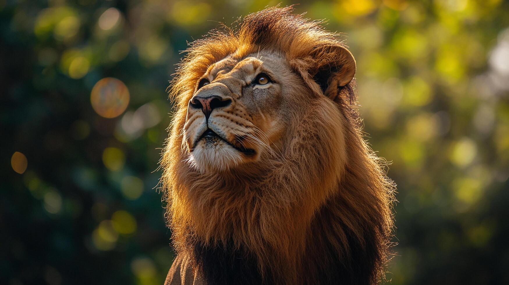 Majestic lion gazes upward, regal and powerful. The king of beasts, a true symbol of strength and nature's beauty. photo