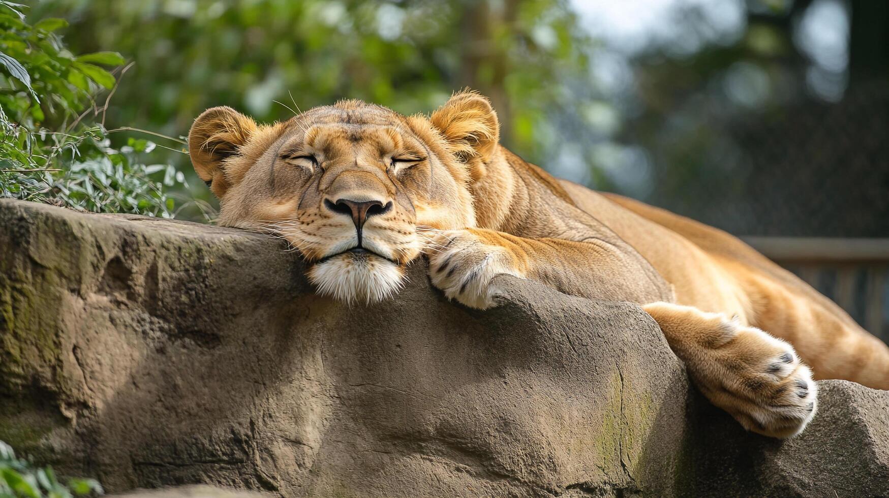 A majestic lioness dozes peacefully on a rocky perch, eyes closed, soaking in the sun amidst a lush green background. Serene moment in nature. photo