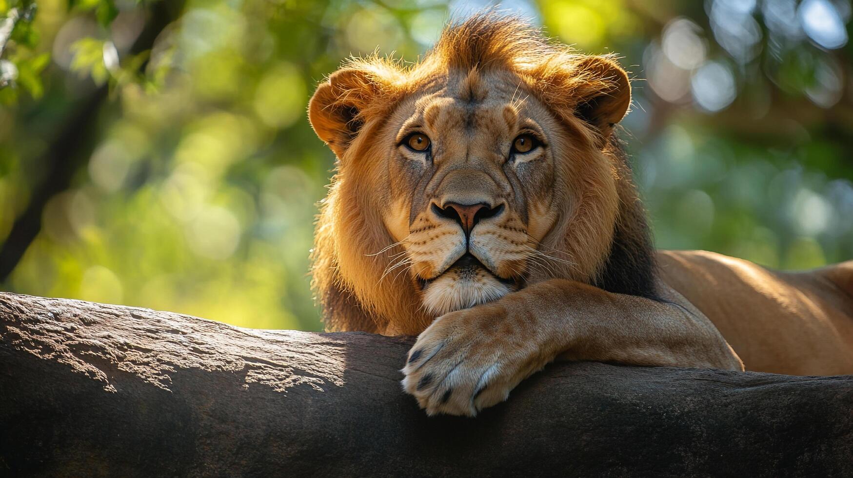 Majestic lion basking in the sun. A captivating portrait of nature's king, radiating power and serenity in its natural habitat. photo