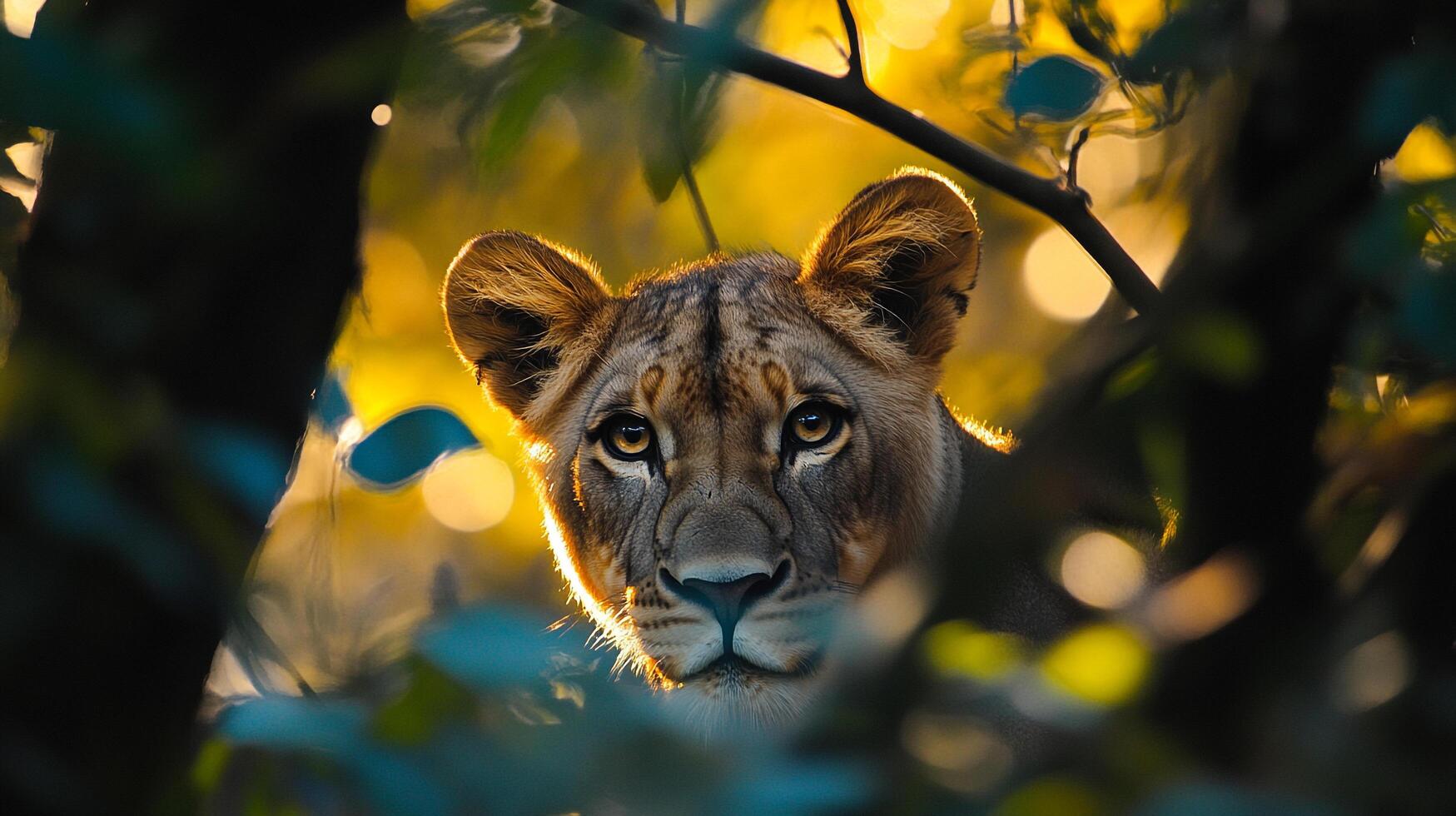 Lioness emerging from the shadows, a captivating glimpse of wildlife in its natural habitat. Golden light highlights majestic features. photo