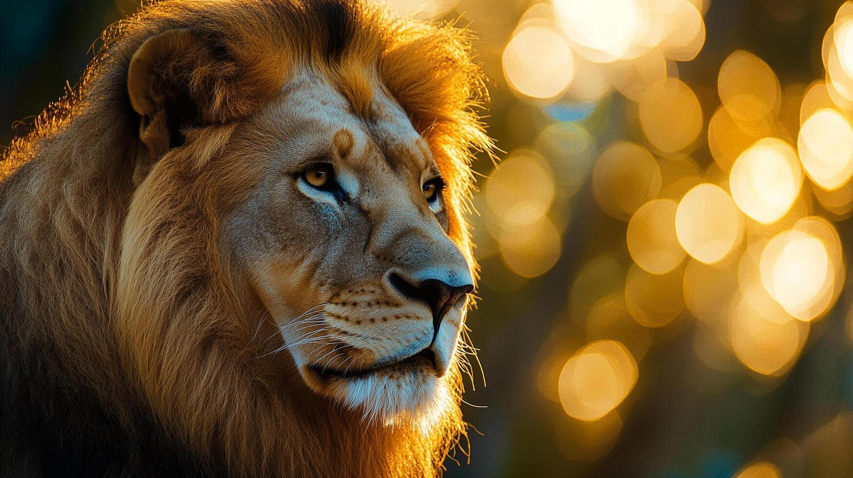 Magnificent lion portrait showcasing its powerful gaze and striking mane against a soft, warm background with glowing bokeh elements. photo