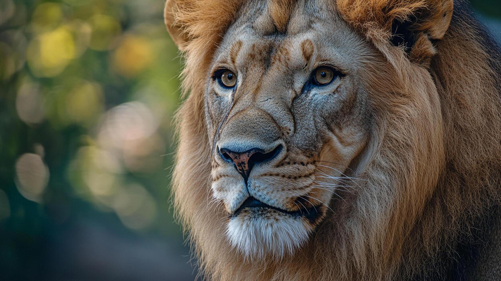 A close up portrait of a majestic lion's face, gazing into the distance with a thoughtful expression. The light captures its features. photo