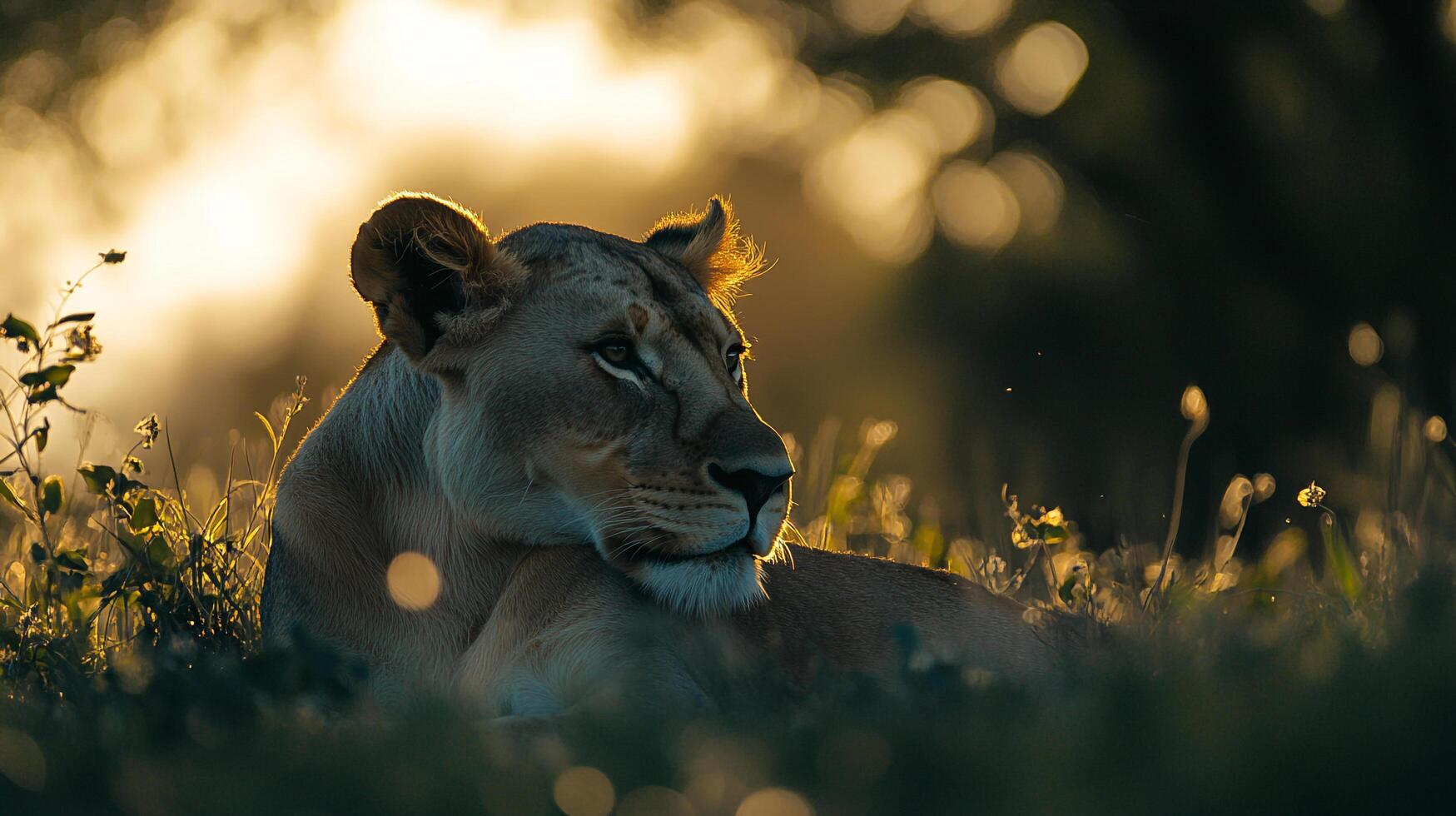 Lioness portrait. golden light illuminating her face, creating a serene yet powerful image in the African wilderness. Majesty in repose. photo